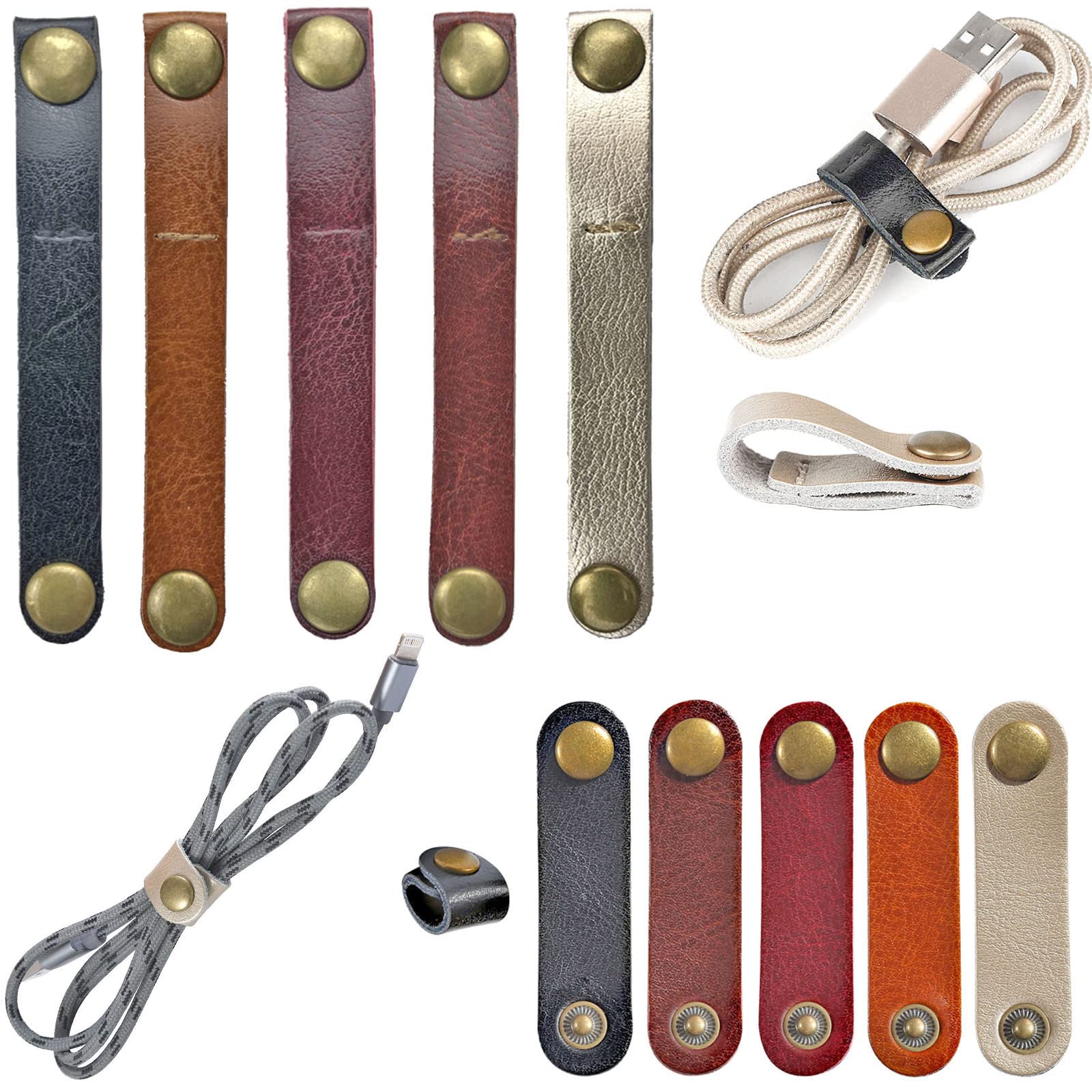 Lunpliran 10-Pack Leather Cable Straps - Reusable Cord Organizers for USB, Earphone & Headphone Wires (2.5