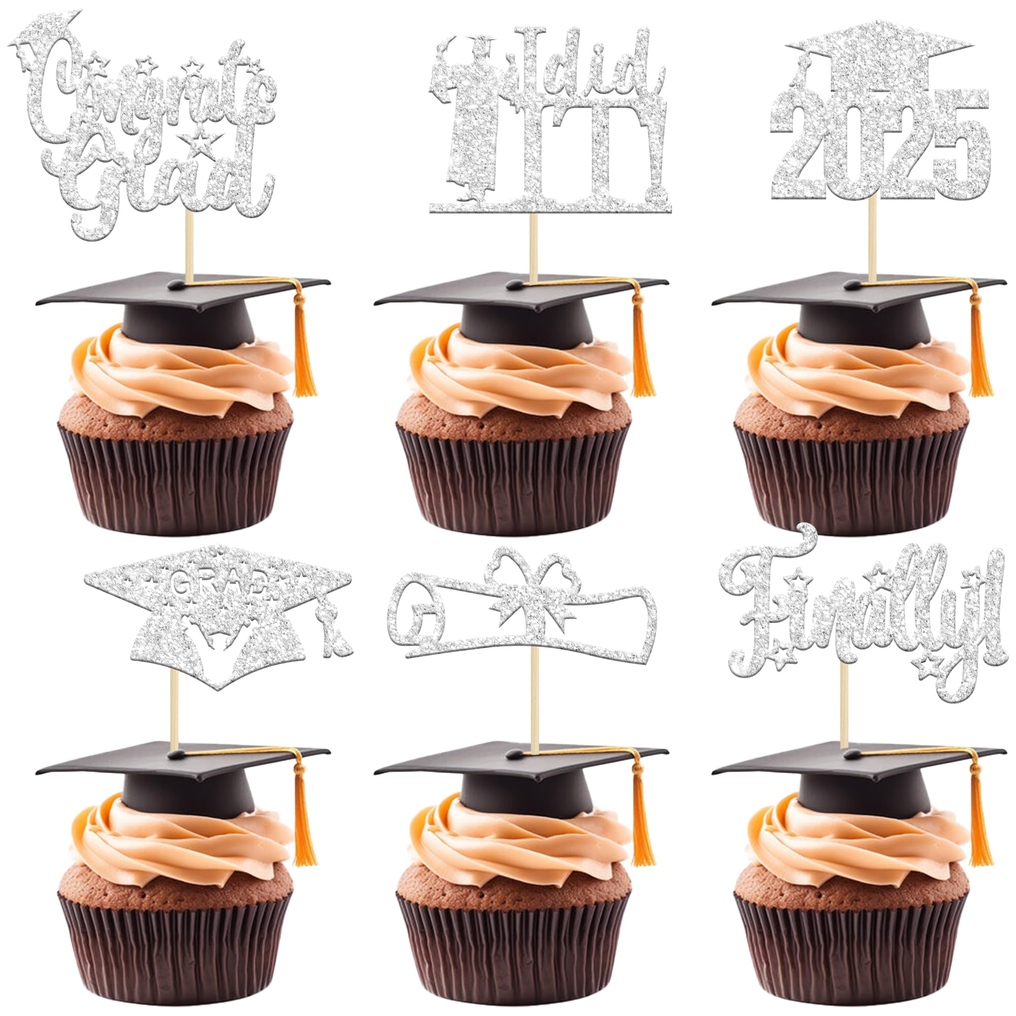 24 PCS 2025 Graduation Cupcake Toppers - Glitter Graduation Cap & Diploma Cake Decorations - Congrats Grad Finally I Did It - Silver Theme Party Supplies for Graduation Celebrations, School Parties & Dessert Decorating