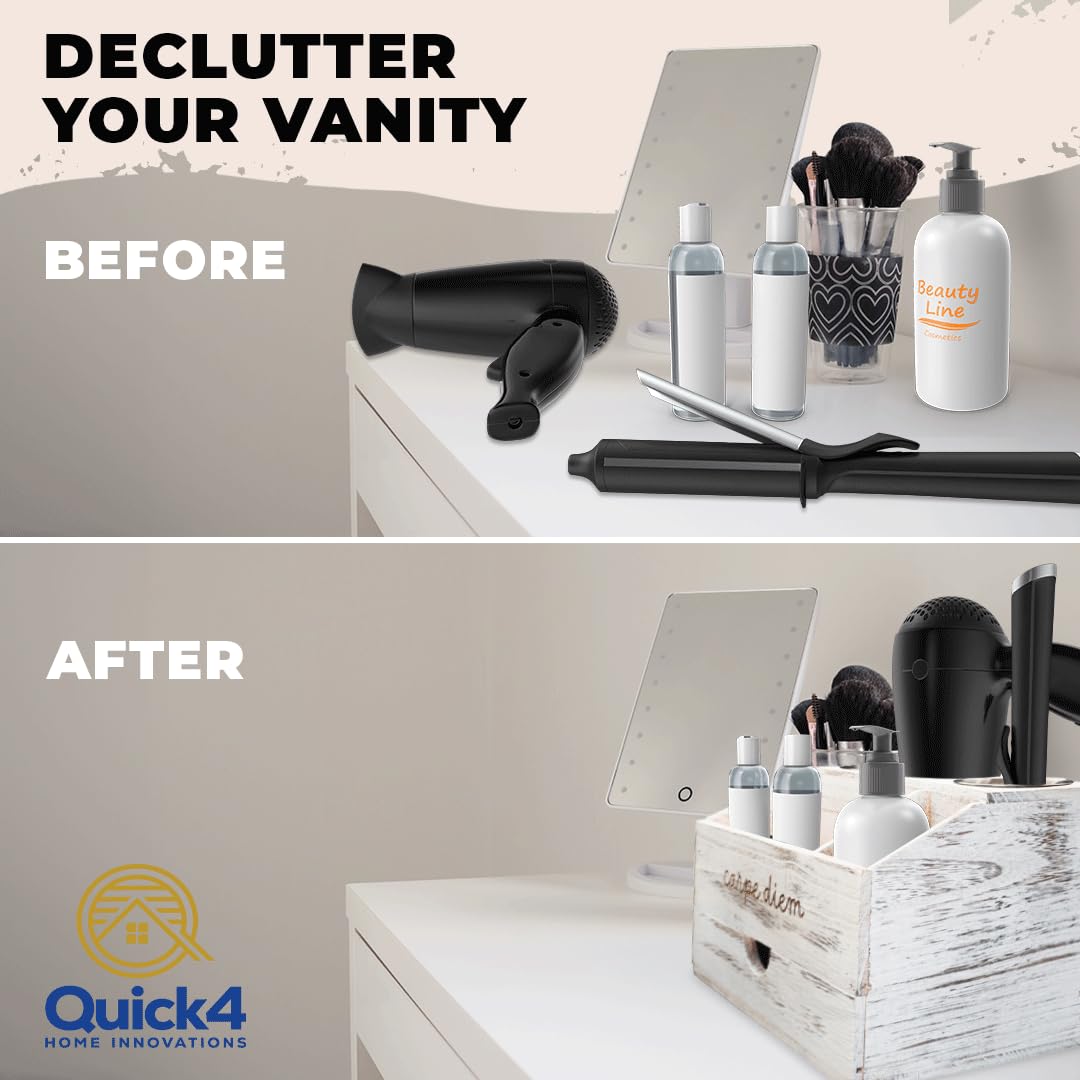 Farmhouse Style White Bathroom Hair Tool Organizer with Blow Dryer Holder - Rustic Vanity Storage for Hair Dryer, Brushes & Styling Tools | Perfect for Bathroom Countertop Organization & Farmhouse Decor