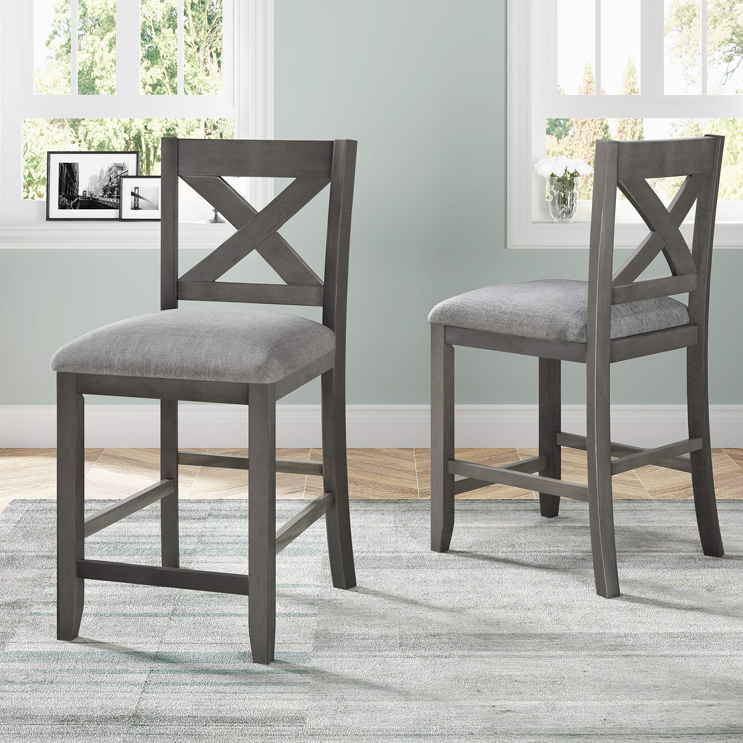 Rustic Farmhouse Counter Height Wooden Bar Stools - Set of 2 X-Back Chairs for Kitchen Island, Breakfast Nook & Dining Room