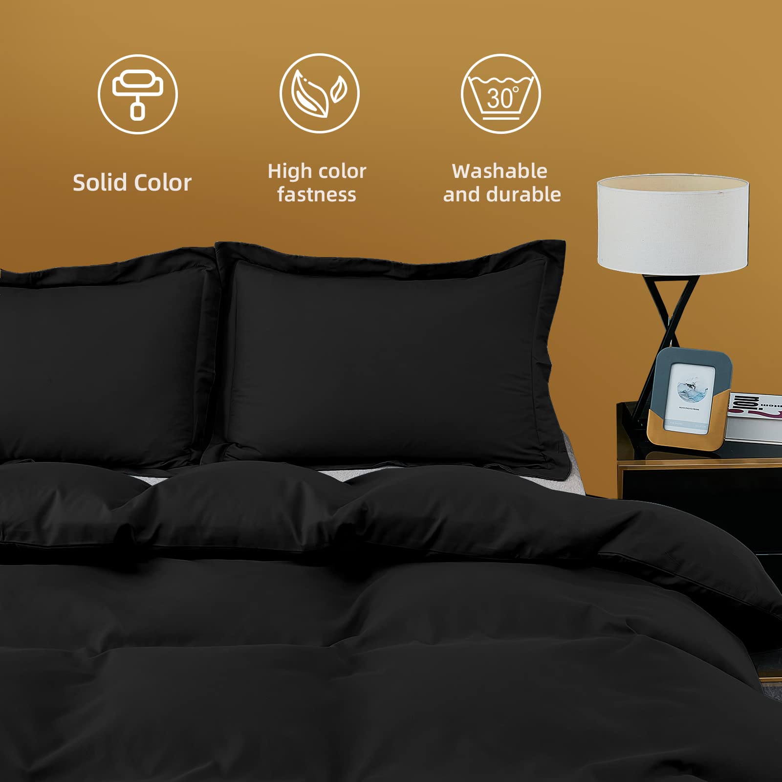 BBANGD Twin Duvet Cover Set - Ultra Soft & Breathable Washed Microfiber 3-Piece Comforter Cover with Zipper Closure & 2 Pillow Shams (Black) | Perfect for Bedroom, Guest Room, Dorm & Hotel Stays