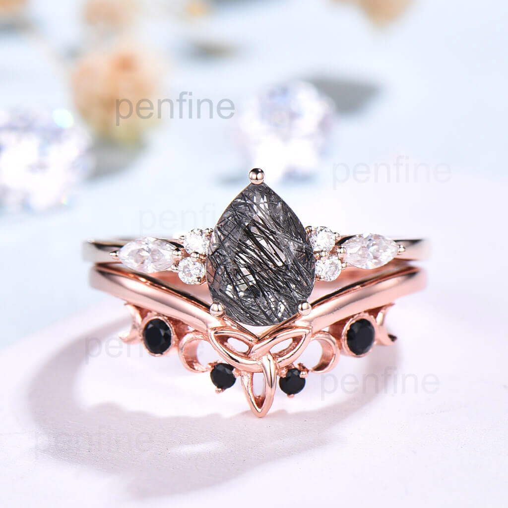 Black Diamond & Rutilated Quartz Engagement Ring for Women – Pear-Shaped Black Gemstone Wedding Band – Perfect for Proposals, Anniversaries & Special Occasions