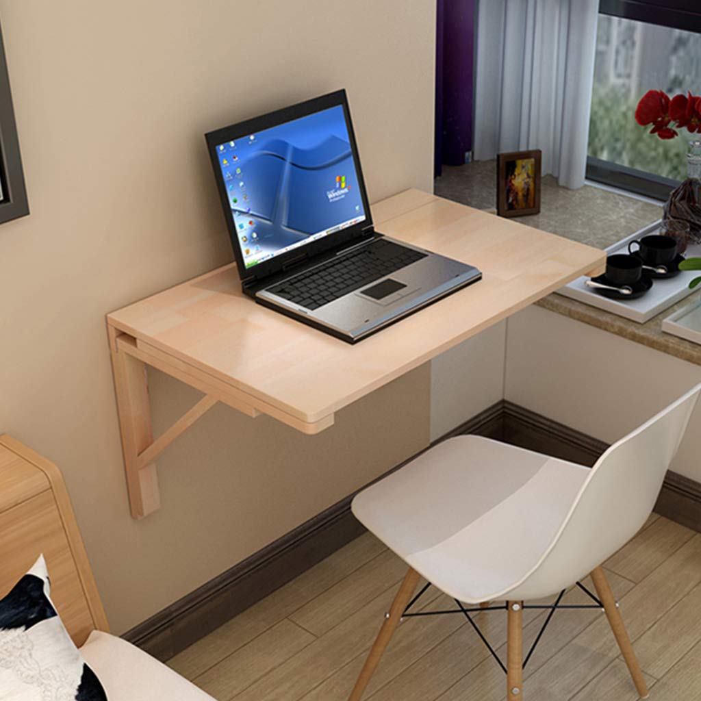 Solid Wood Wall Mounted Folding Drop Leaf Table - Space Saving Dining Desk for Small Homes, Kitchen, Office & Study Room - Multi-Functional Wall Hanging Computer Table with Double Support