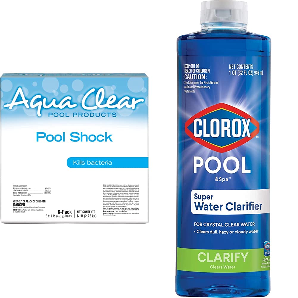 Aqua Clear 50006ACL Pool Shock (6 Pack 1-lb Bags) & Clorox Pool & Spa Super Water Clarifier 32 oz - Crystal Clear Swimming Pool Maintenance for Sparkling Clean Water