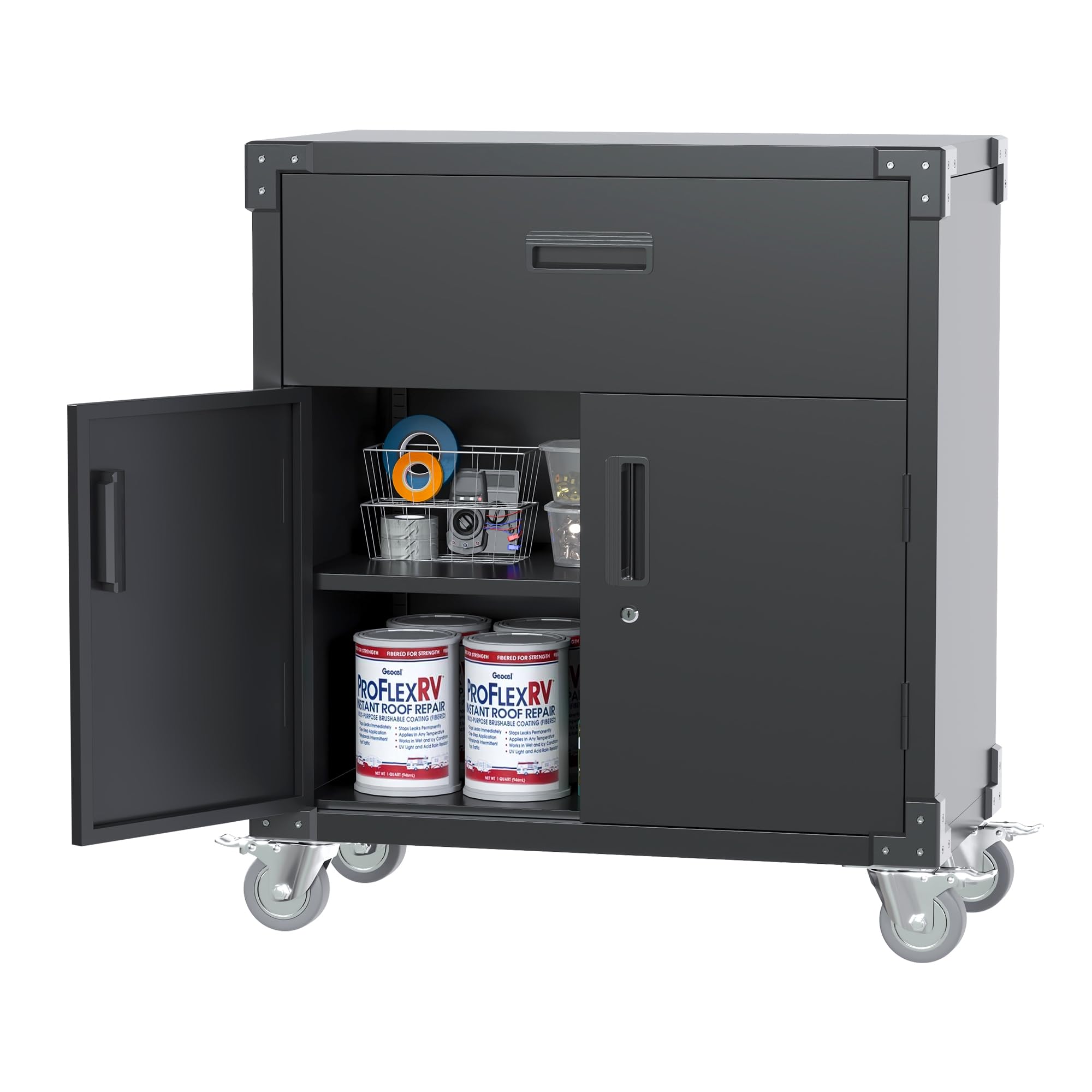 Heavy-Duty Metal Garage Storage Cabinet with Wheels & Lockable Drawers - Rolling Tool Organizer with Adjustable Shelves for Garage, Workshop & Utility Room - Easy Assembly Black Tool Chest for DIY & Professional Use