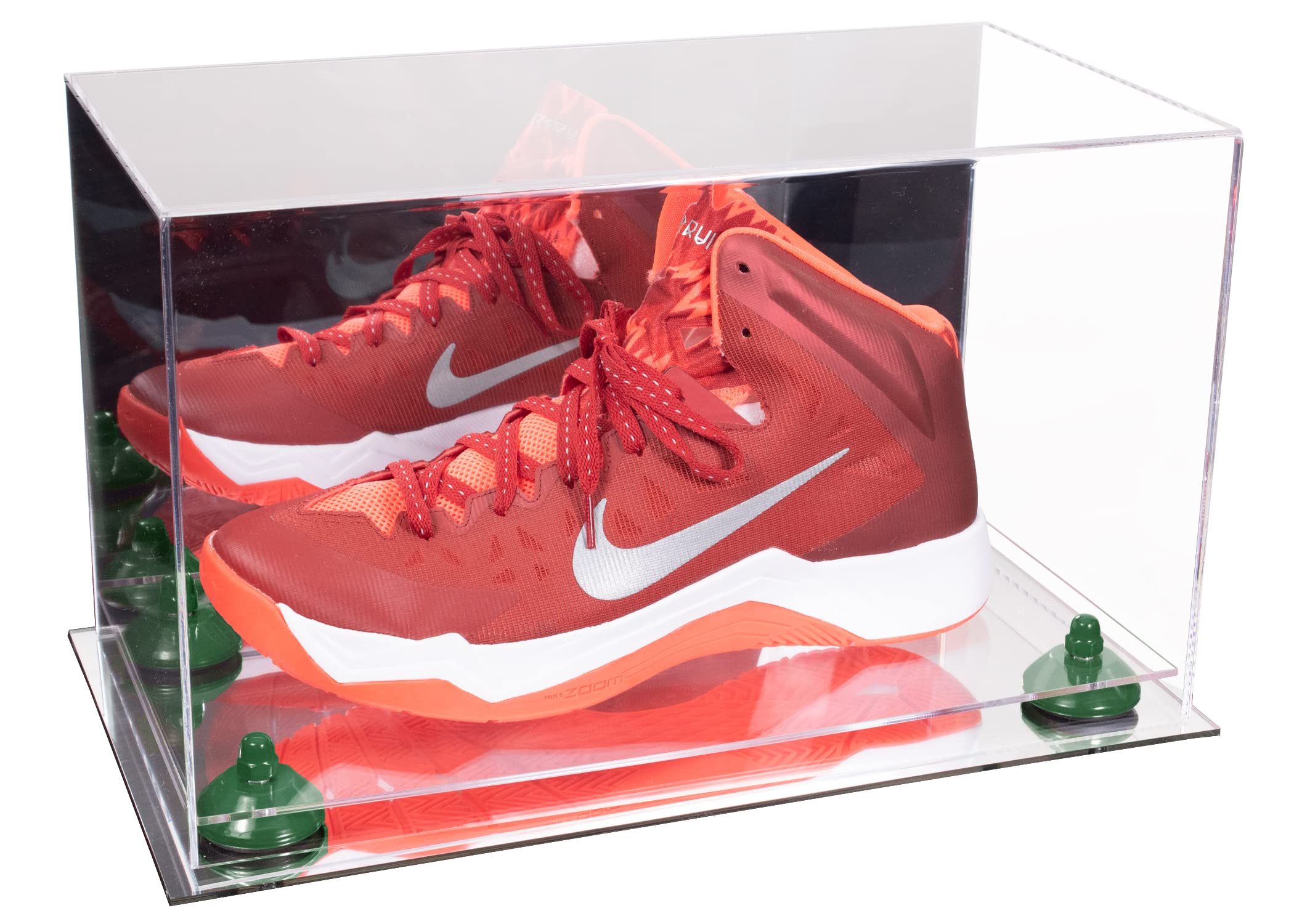 Acrylic Large Shoe Display Case for Basketball Shoes, Soccer Cleats & Football Cleats with Mirror Case - Green Risers & Mirror Base (V11/A013) | Perfect for Sneaker Collection Display, Sports Memorabilia Showcase & Home Decor