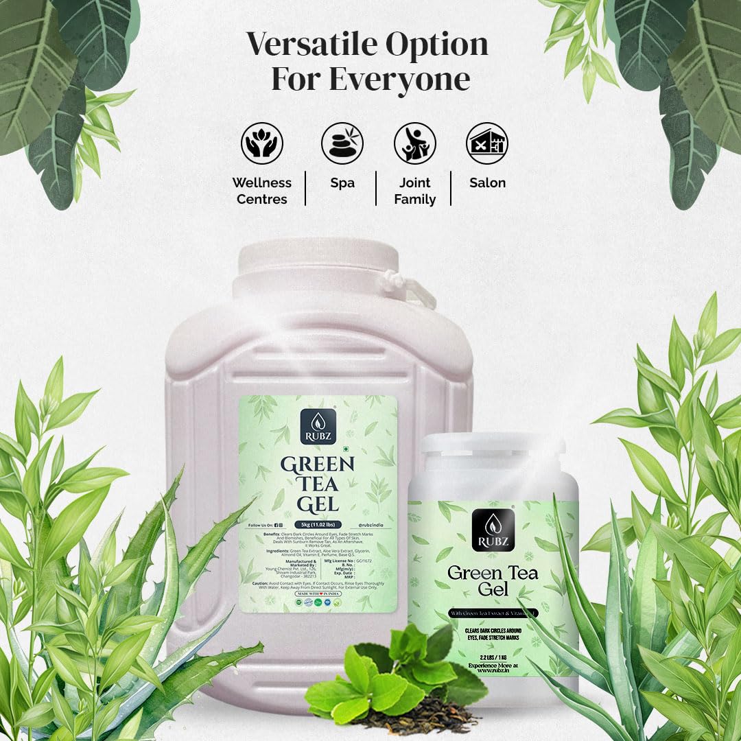 Rubz Green Tea Gel 1 Kg - Natural Moisturizing Gel for Face, Body & Hair | Multipurpose Beauty Treatment for Acne Scars & Glowing Skin | Spa, Salon & At-Home Skincare Routine
