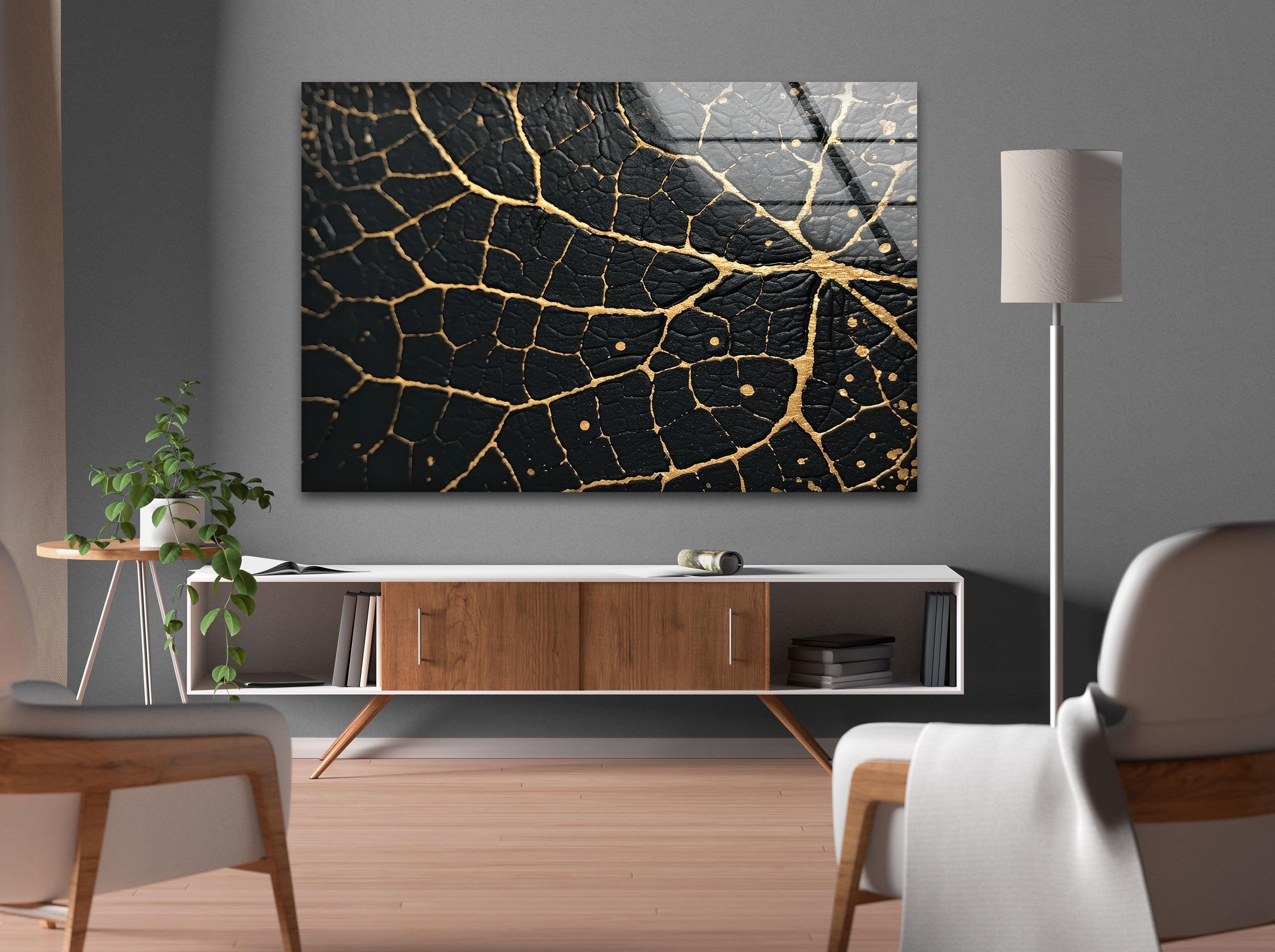 Black and Gold Abstract Glass Wall Art - Modern Home Decor for Living Room, Bedroom & Office - Elegant Handmade Glass Painting for Stylish Interiors