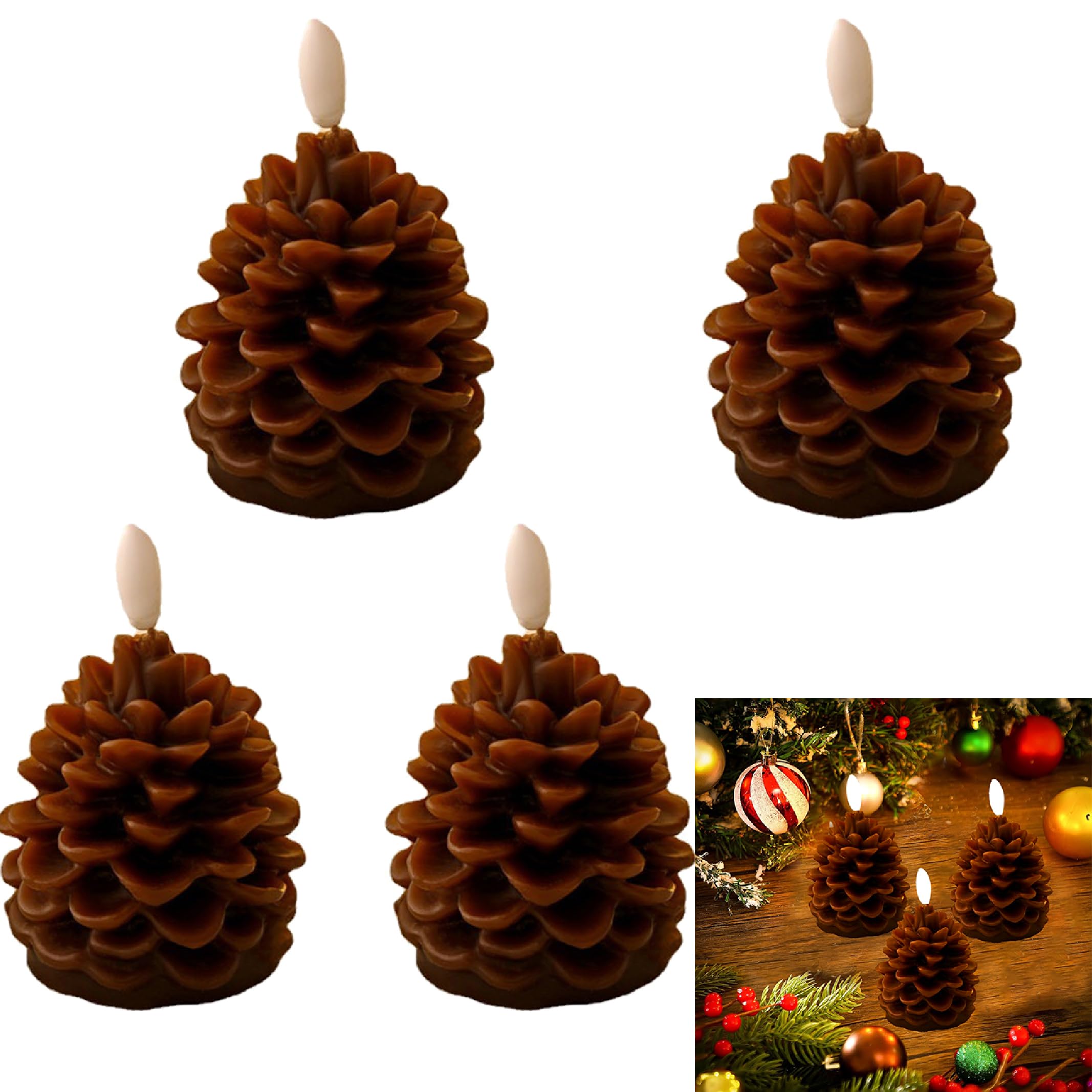 Eowppue Set of 4 Flameless LED Candles with Remote & Timer - Battery Operated Pine Cone Shaped Decorative Lights for Home, Party, Halloween, Christmas Decorations - Perfect for Living Room, Bedroom, Wedding & Holiday Displays