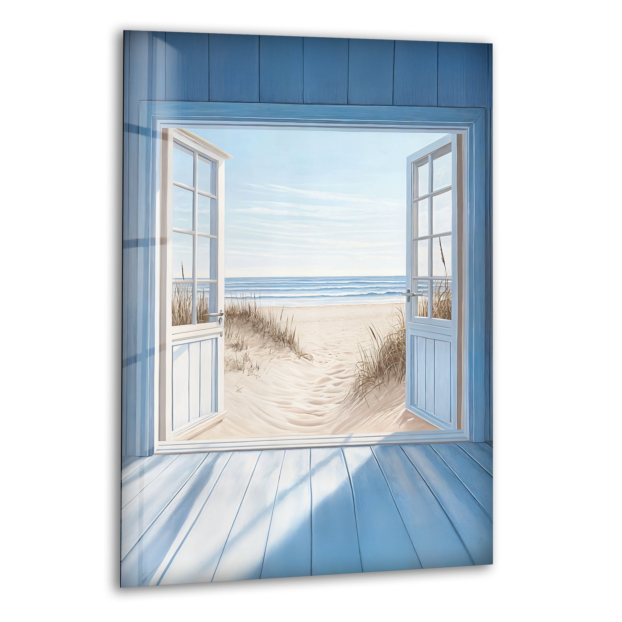 Blue Retreat - Stunning Open Beach View Glass Wall Art for Living Room, Bedroom & Office Decor | Coastal Landscape Print | Modern Home Interior Design