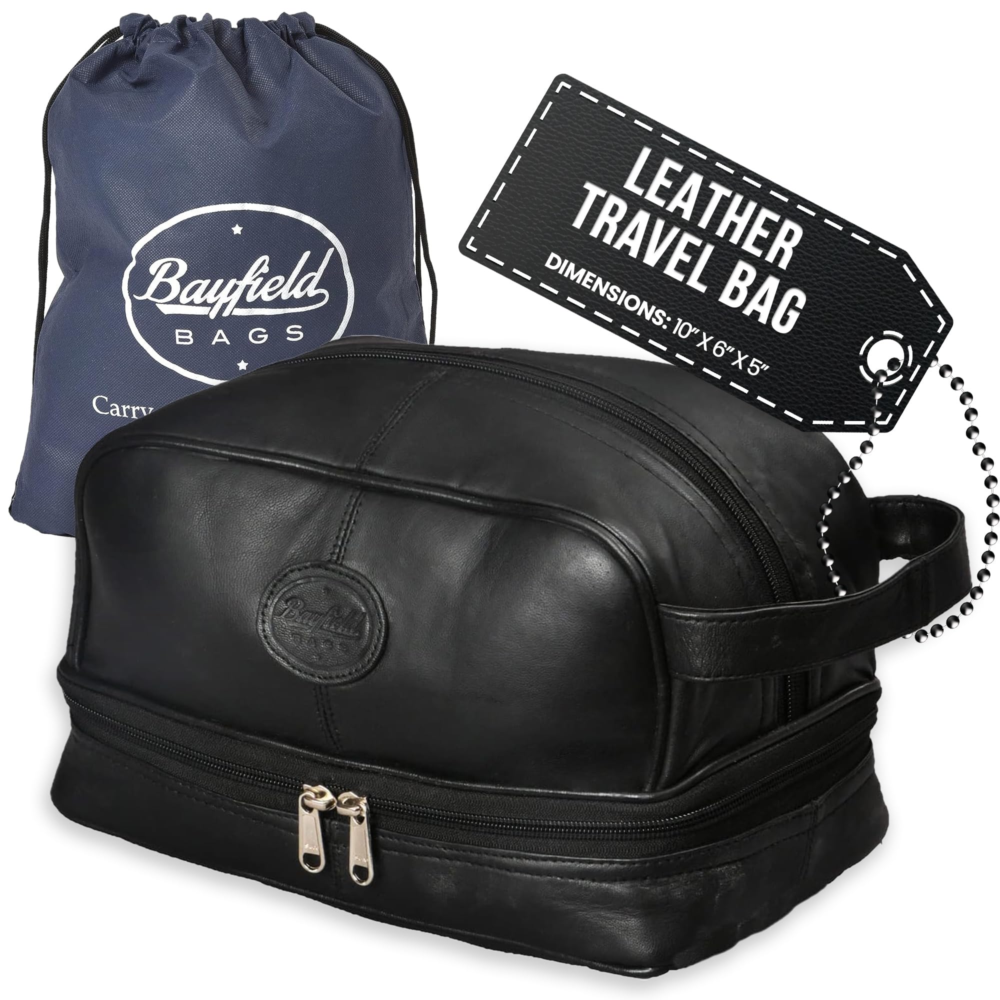 Leather Travel Toiletry Bag for Men - Waterproof Shaving Dopp Kit with Bottom Storage (10x6x5 Inches) - Durable Mens Shower & Bathroom Organizer - Perfect for Business Trips, Gym, Camping & Vacation Essentials