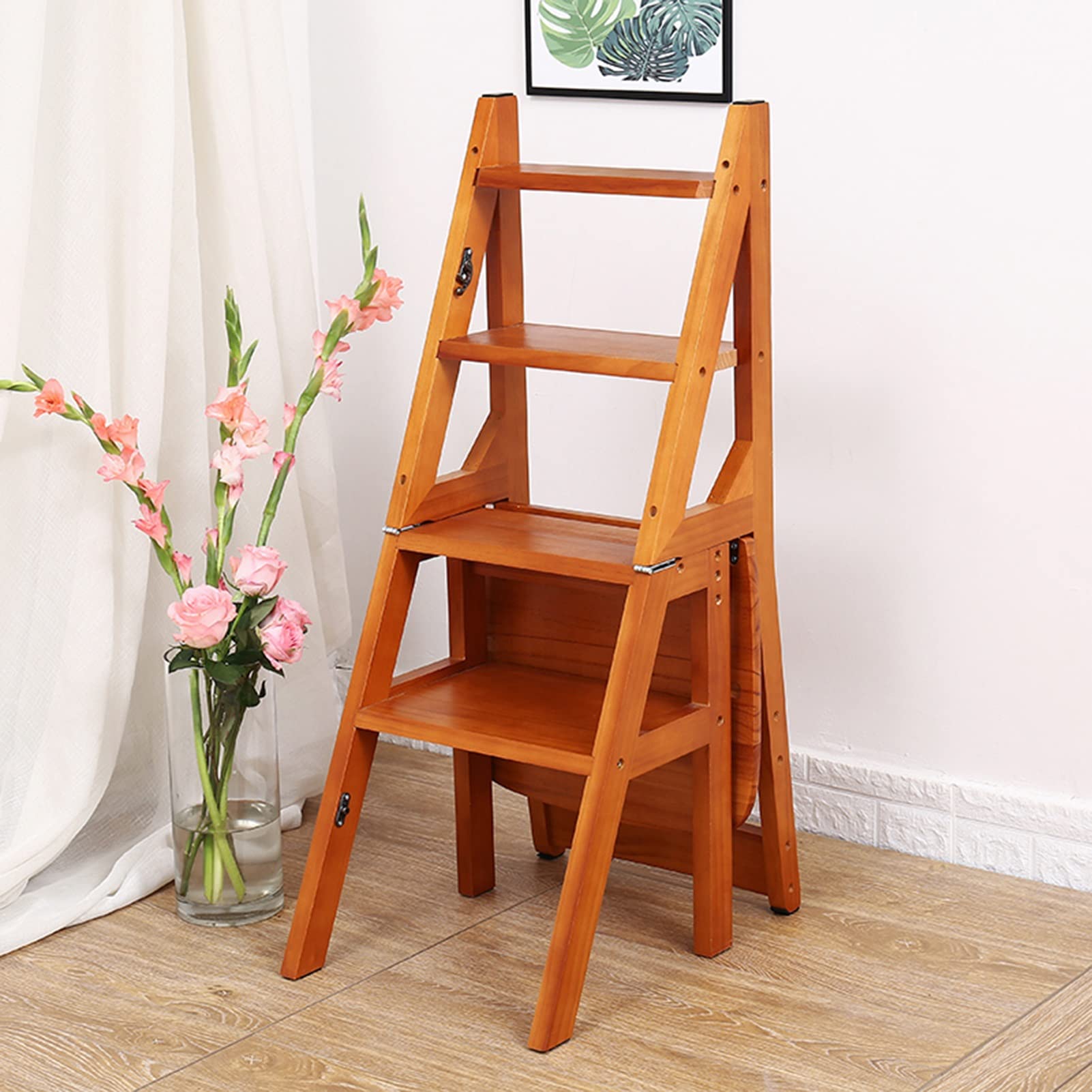 4 Step Folding Wooden Ladder Chair - Portable Stepladder for Home, Library & Closet | Multi-Functional as Shoe Bench, Flower Stand & Foot Stool | Space-Saving Storage Solution for Small Spaces