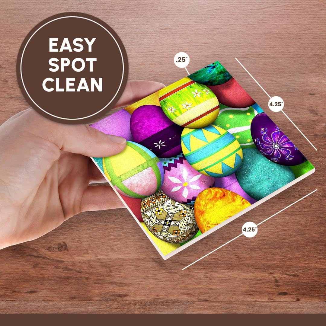 3D Rose Dyed Easter Eggs Ceramic Tile Coasters - Set of 4, Non-Slip Drink Coasters for Easter Decor, Kitchen, Dining Table, and Party Use