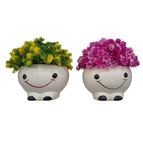 Set of 2 Smiley Planter (White) W/ Artificial Flower