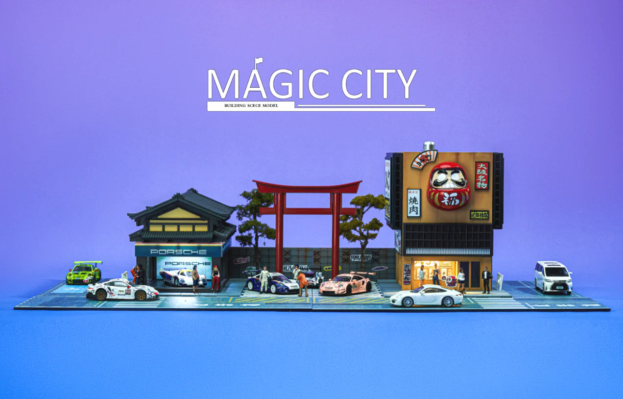 1:64 Scale Porsche Showroom & Yakiniku Restaurant Model - Miniature Collectible Toy Car Display with Japanese BBQ Scene - Perfect for Car Enthusiasts & Diorama Lovers