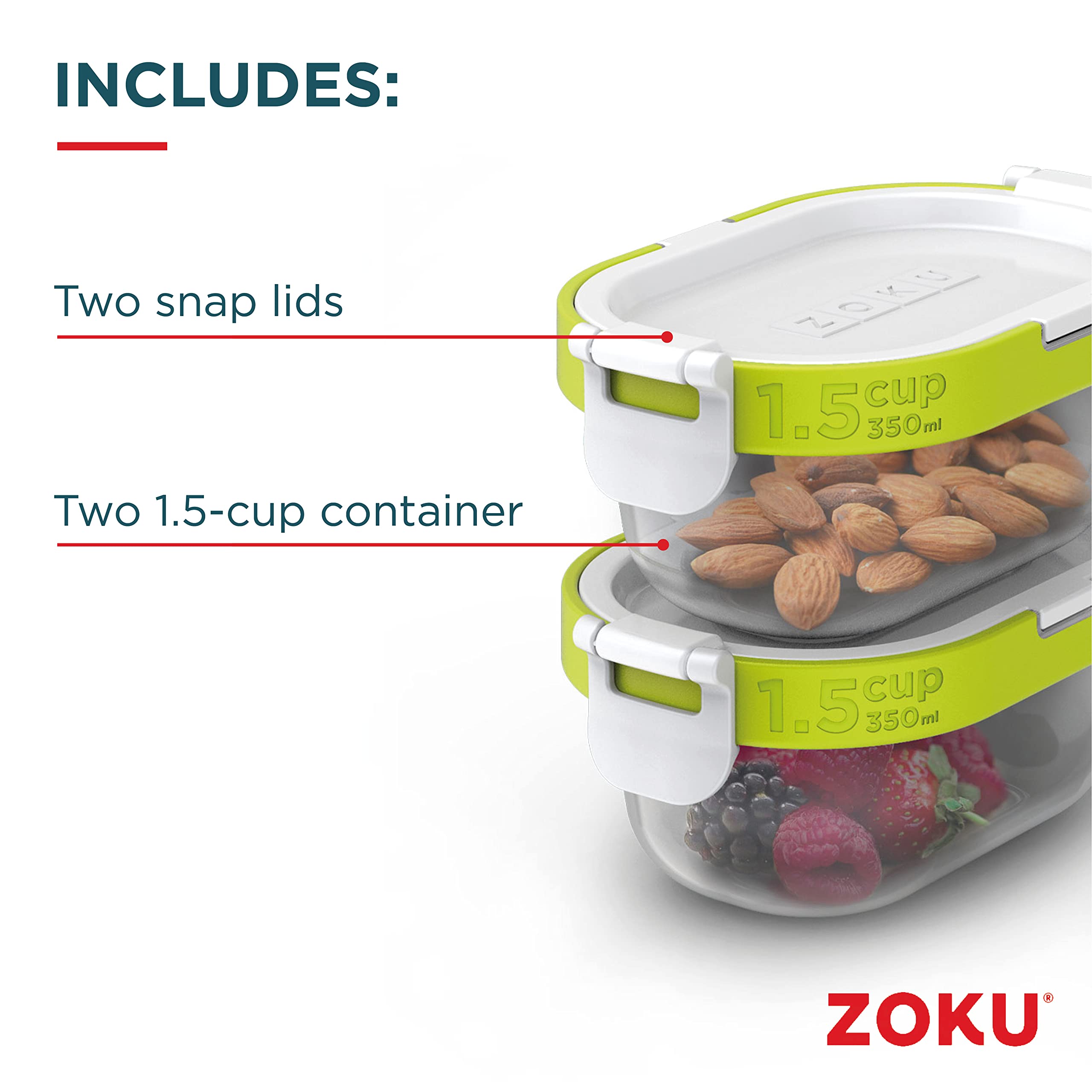 ZOKU 1.5-Cup Airtight Food Storage Containers with Lids - Set of 2 BPA-Free Reusable Snack Containers for Kitchen, Meal Prep & On-the-Go (Neat Stack, 4-Piece) - Perfect for Leftovers, Lunches & Office Snacks