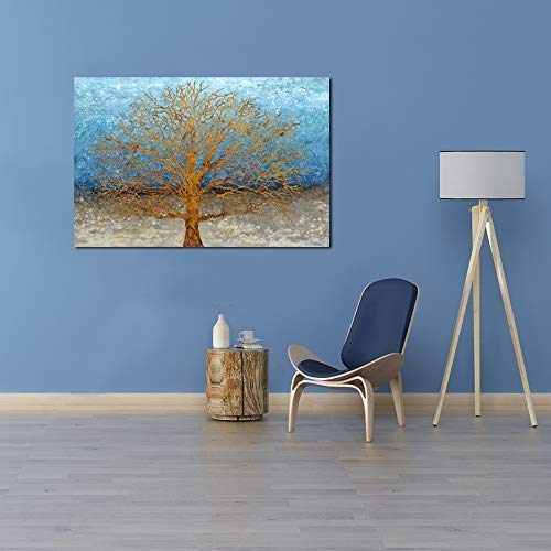 Yihui Arts Tree Canvas Wall Art - Blue & Gold Textured Forest Painting, Modern Landscape Picture for Living Room, Bedroom, Bathroom Decor - Perfect for Home, Office & Gift Giving