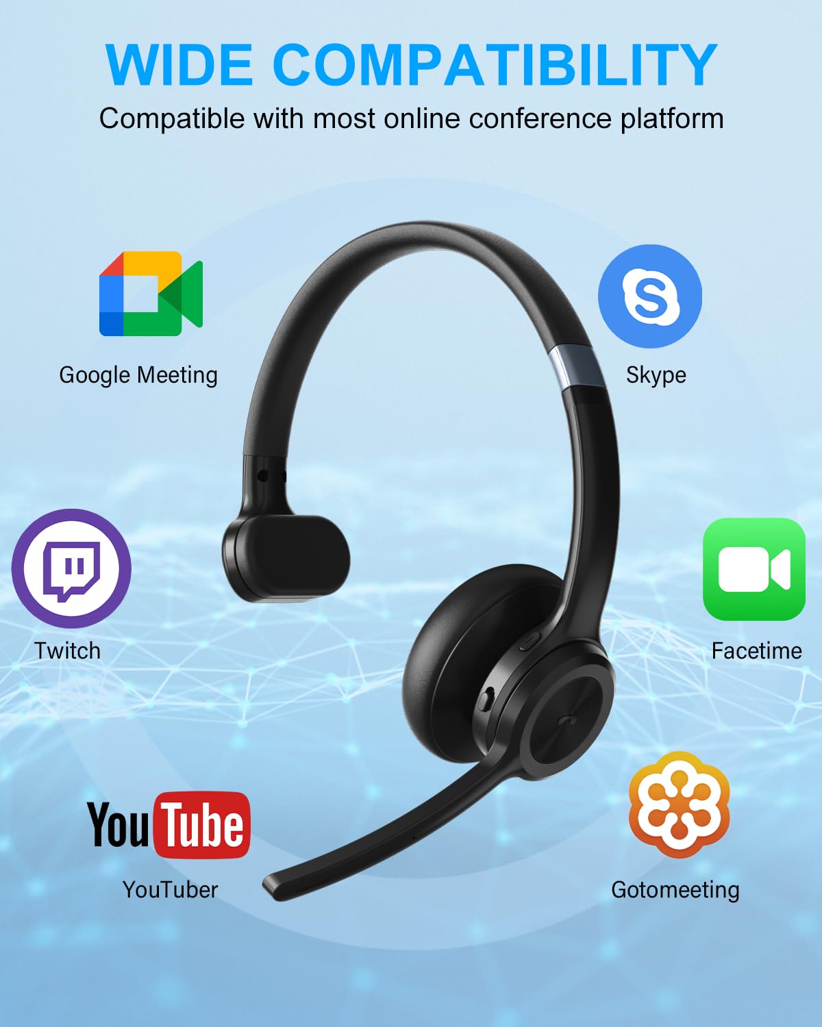 SANOTO Wireless Headset with Microphone for Laptop & PC - Noise Canceling Office Headphones, 40 Hours Playtime, 10M Bluetooth Range - Perfect for Video Calls, Online Meetings, Gaming & Music on Mobile Phone, Computer & Tablet