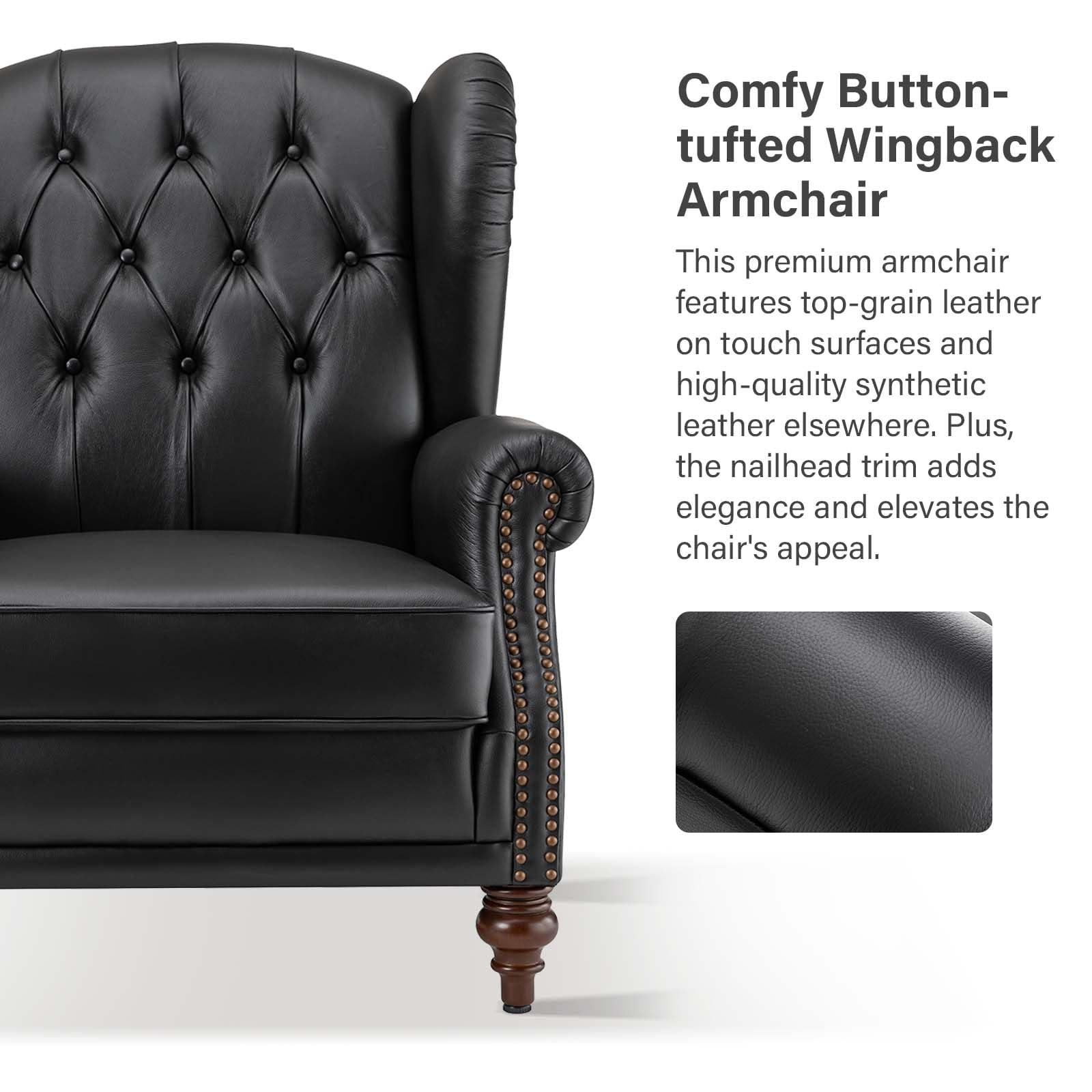 Genuine Leather Accent Chair - Button-Tufted Living Room Armchair with Removable Cushion & Nailhead Trim | Traditional Single Sofa Chair for Living Room, Bedroom, Office | Black Leather Lounge Chair for Home Decor & Relaxation