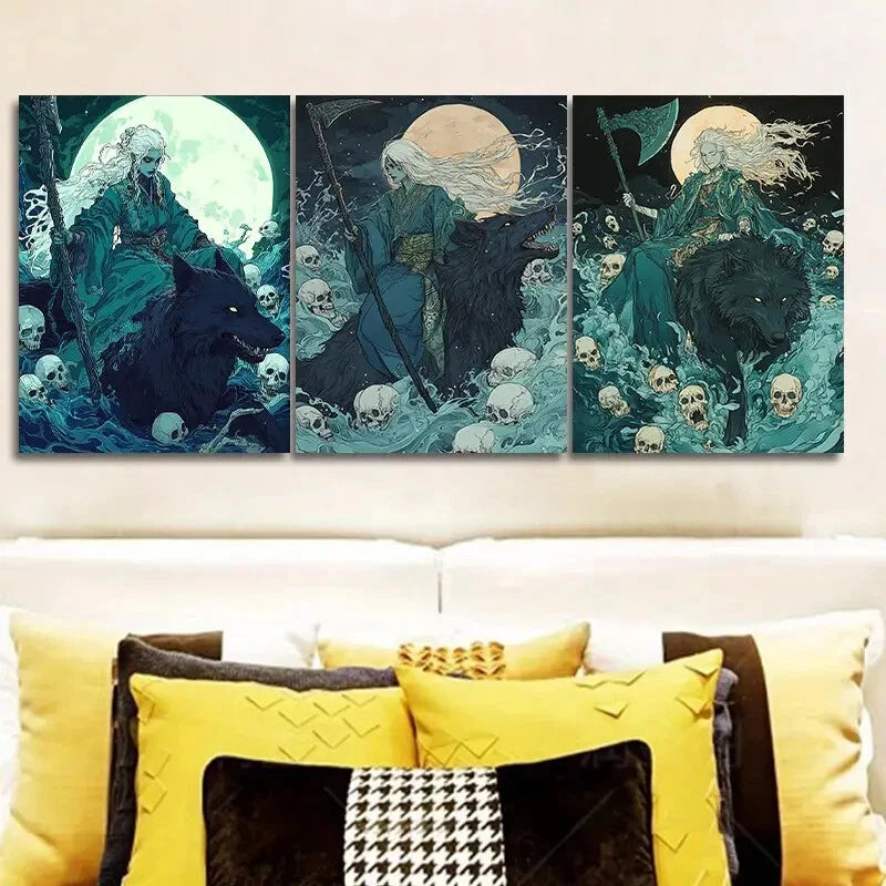 3-Piece Gothic Fantasy Wolf Wall Art Set - Moonlit Wolves Canvas Prints 40x60cm Framed - High Quality Australian Made Ready to Hang Wall Decor for Living Room, Bedroom & Office