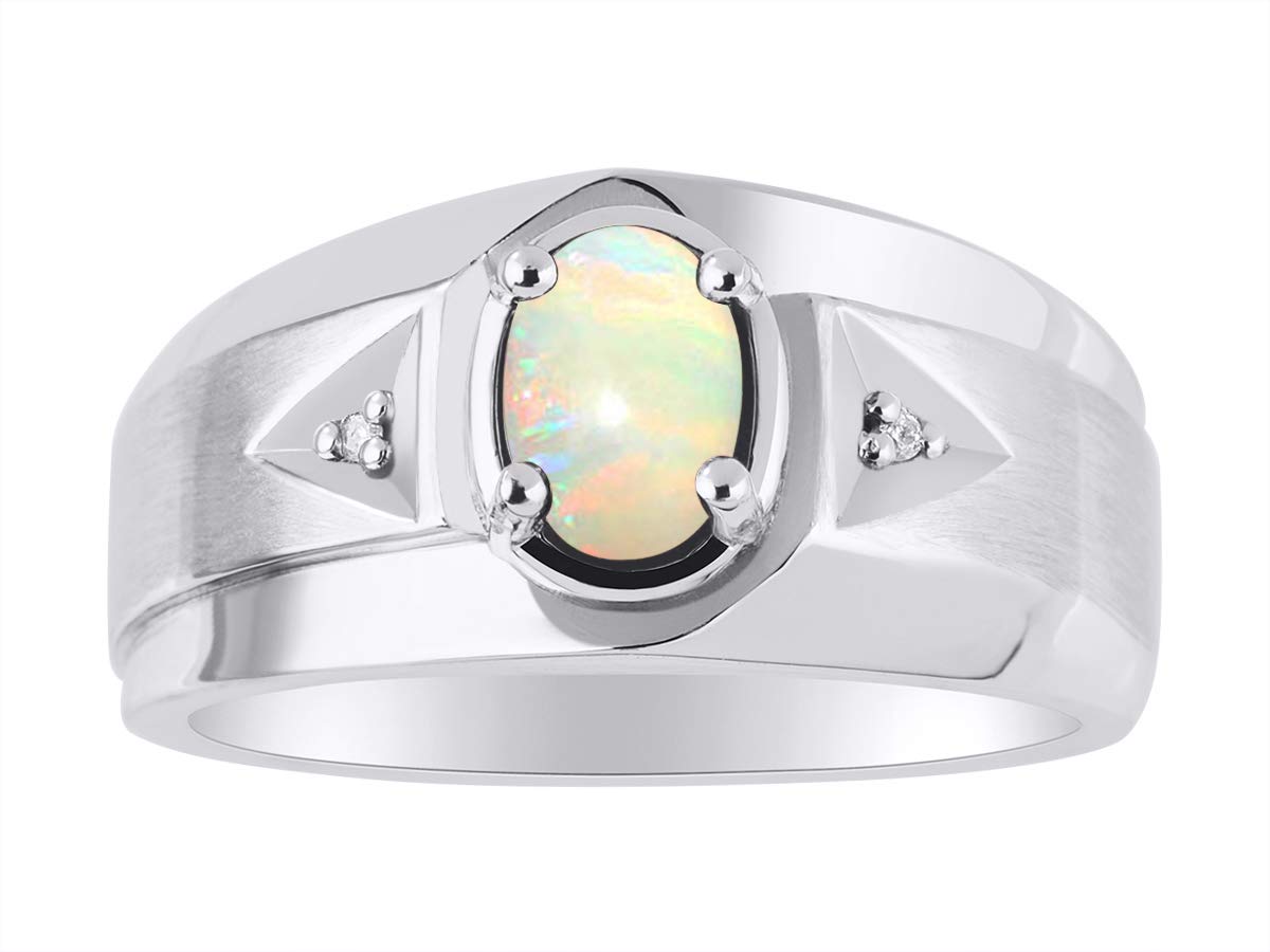 RYLOS Sterling Silver Men's Ring with 7x5mm Oval Opal & Genuine Diamond - October Birthstone Jewelry for Men - Sizes 8-13 - Perfect for Weddings, Anniversaries, Gifts & Everyday Wear