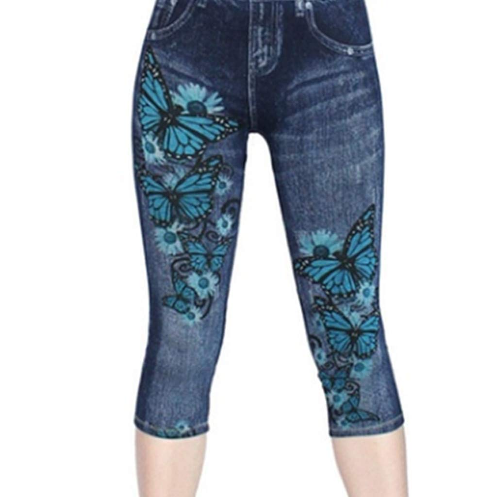 Women's Denim Printed Capri Leggings - Stretchy Skinny Jeggings Pull-On Pants | Casual Wear, Workout, Daily Outfits | 4th of July Sale & Clearance Deals