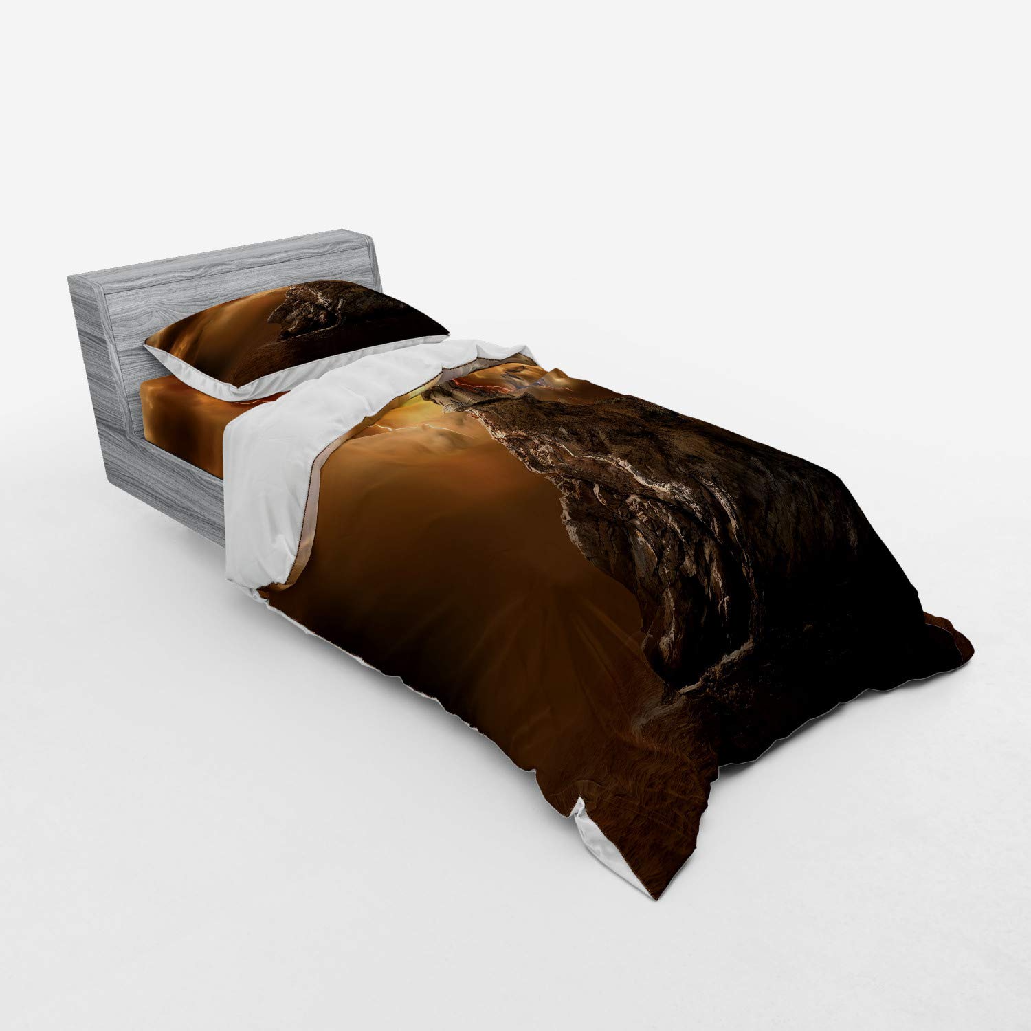 Ambesonne Fantasy Duvet Cover Set - Twin XL Size, 3 Piece Bedding Set with Sham & Fitted Sheet, Orange Brown Castle on Cliff with Thunder Supernatural Print | Perfect for Gothic Bedrooms, Fantasy Themed Decor, and Unique Gift Ideas
