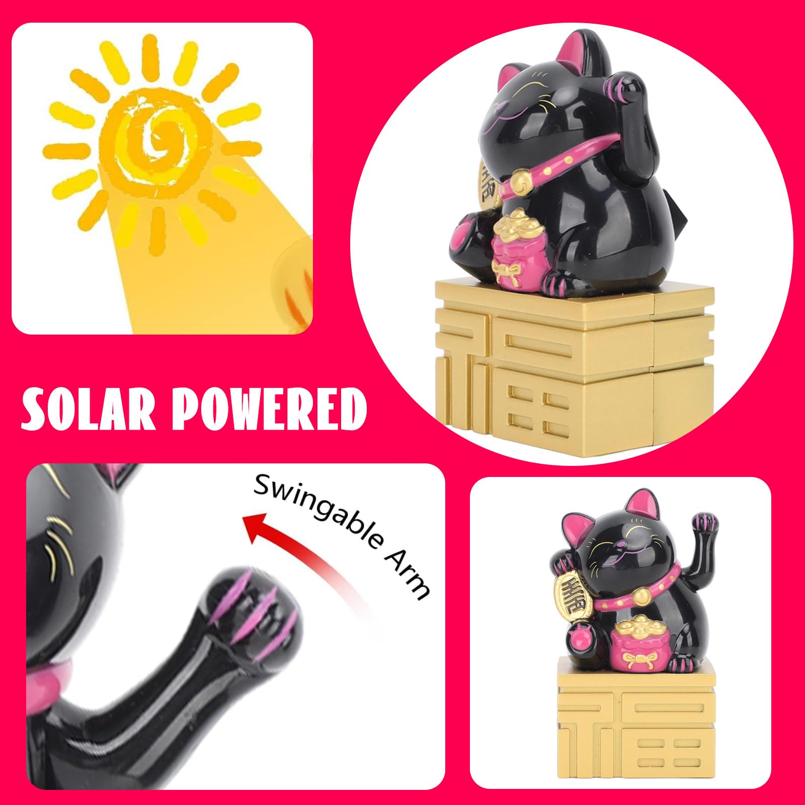 Solar Powered Waving Arm Smiling Cat - Black Solar Panel Fortune Cat Decoration for Car Dashboard, Home, Office & Garden Decor | Cute Gift Idea for Cat Lovers