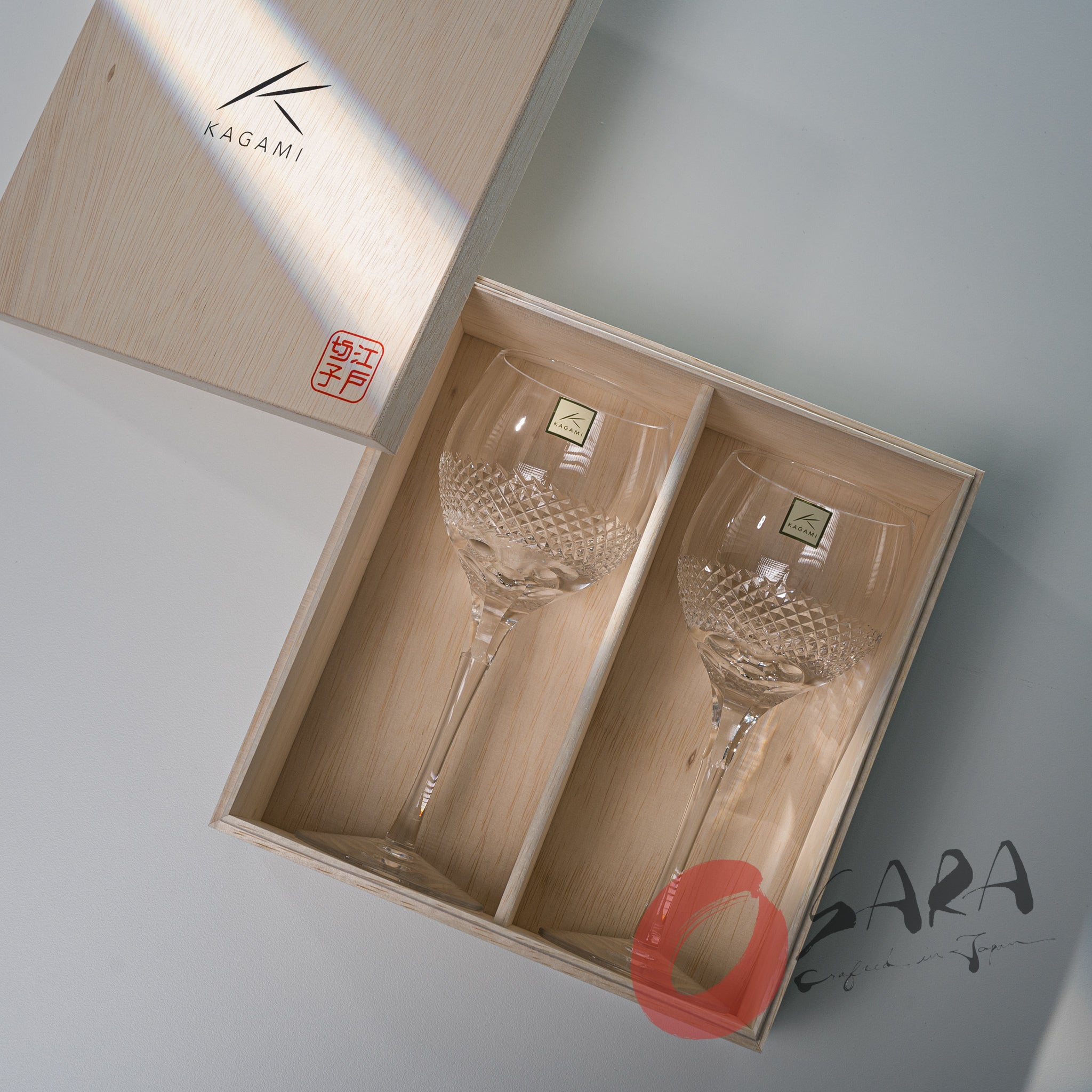 KAGAMI Handmade Japanese Crystal Wine Glasses Set of 2 - 250ml Elegant Stemware for Red Wine, White Wine & Champagne - Perfect for Weddings, Anniversaries & Fine Dining