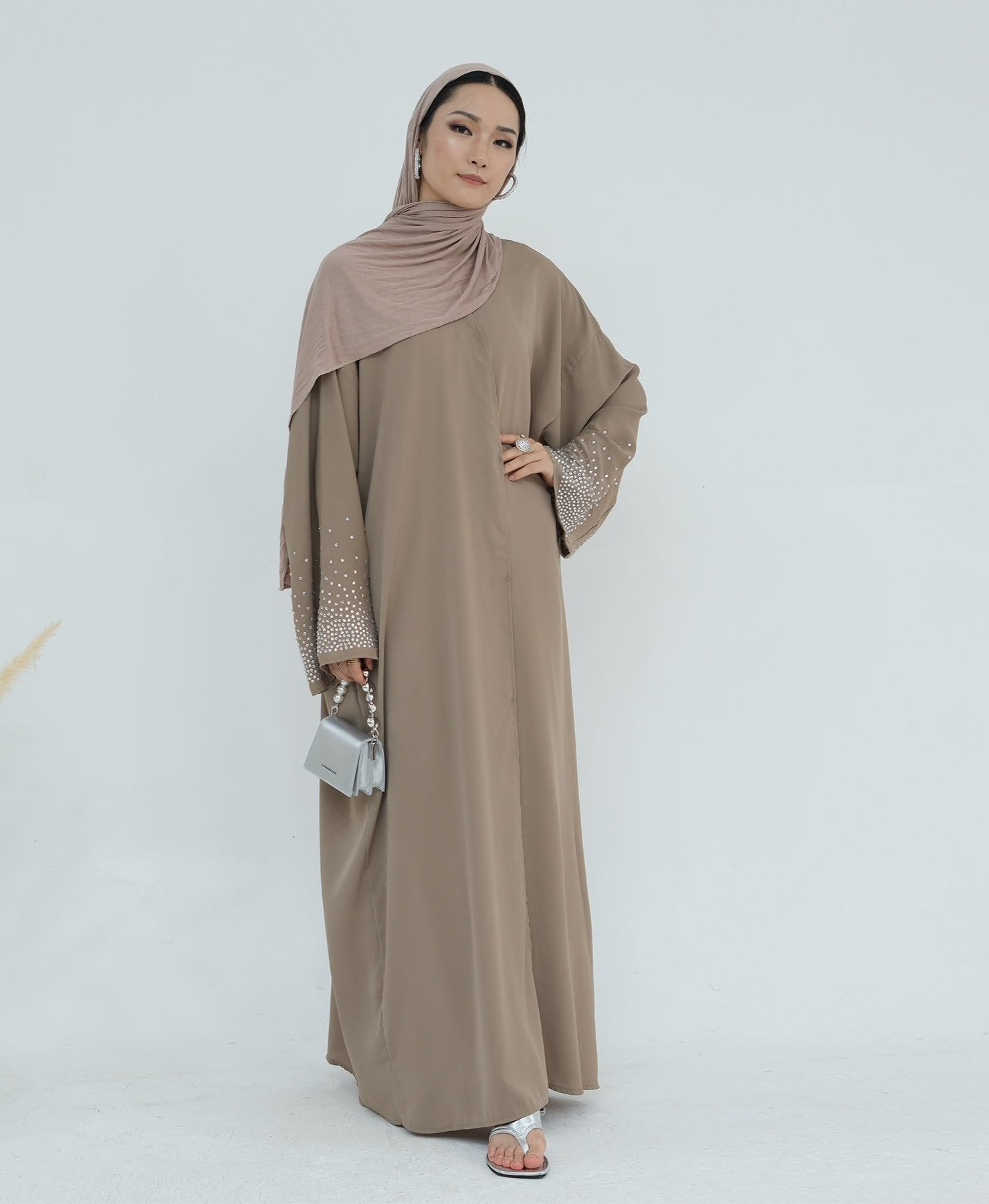 Elegant Mariya Rhinestone Open Abaya Kimono - Beige Muslim Prayer Dress for Women | Perfect for Eid, Wedding & Special Occasions