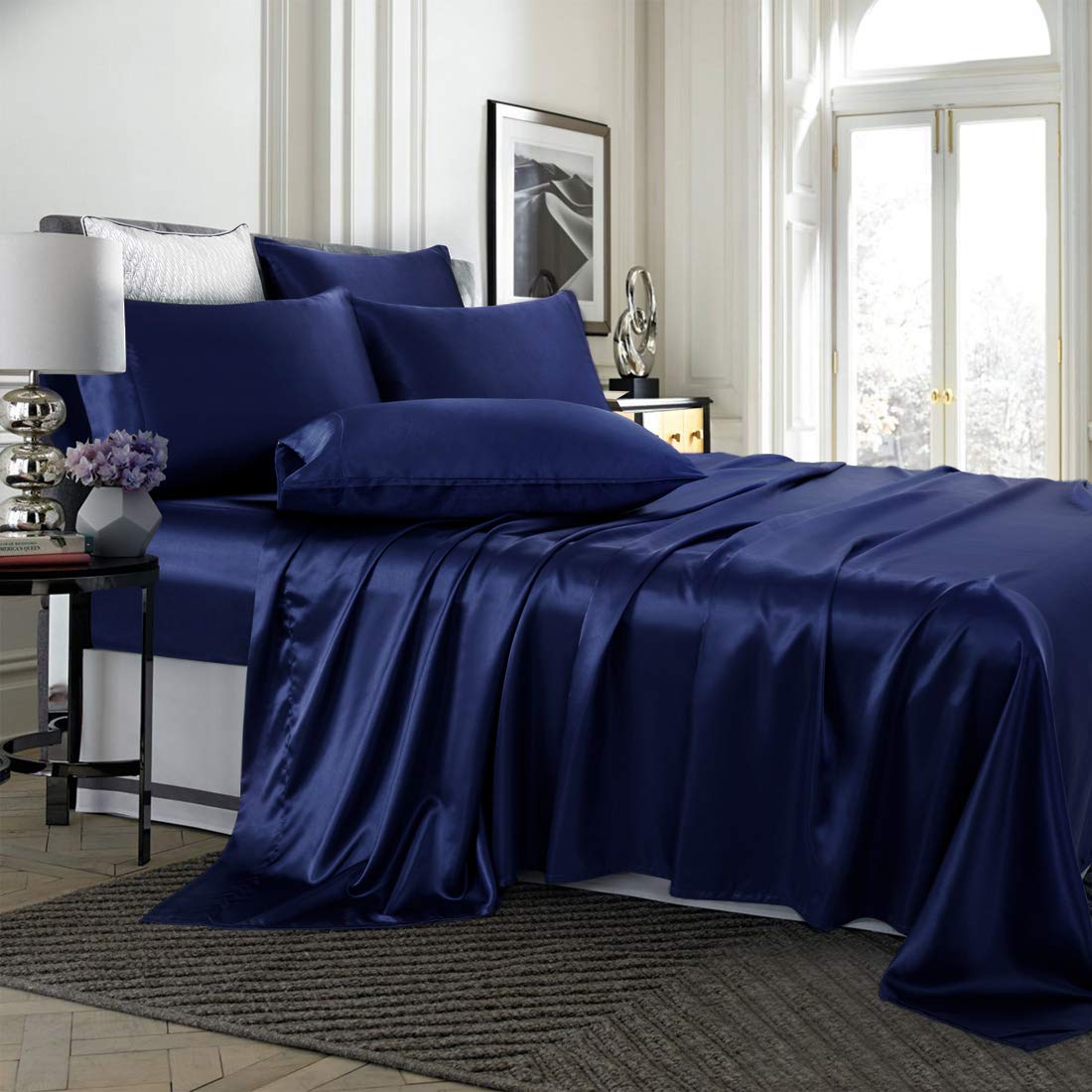 TREELY 4-Piece Satin Sheet Set Twin Size - Navy Blue Silky Smooth Bed Sheets with Deep Pocket, Fitted Sheet, Flat Sheet & 2 Pillowcases for Luxurious Sleep & Bedroom Decor