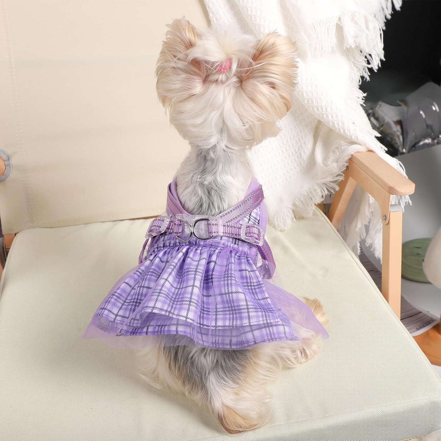 Plaid Dog Harness Dress with Leash Set - Cute Summer Pet Clothes for Small Dogs & Puppies | Chihuahua Harness Outfit (Purple, XX-Small) | Perfect for Daily Walks, Pet Parties & Photo Shoots