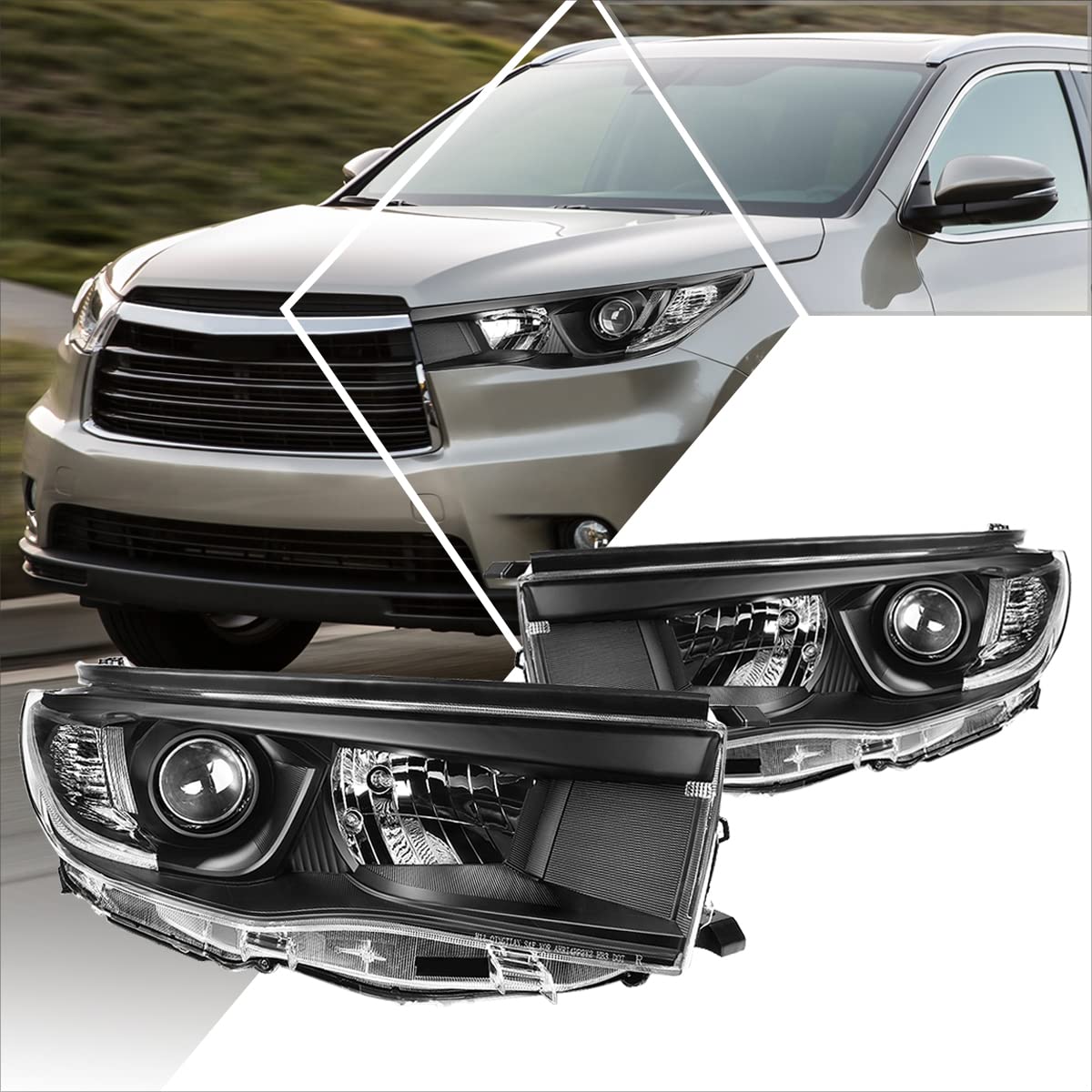 PM PERFORMOTOR 2Pcs Black Housing Clear Corner Projector Headlights Assembly - Compatible with Toyota Highlander 2014-2016 | High-Performance Lighting Upgrade for Night Driving & Off-Road Adventures