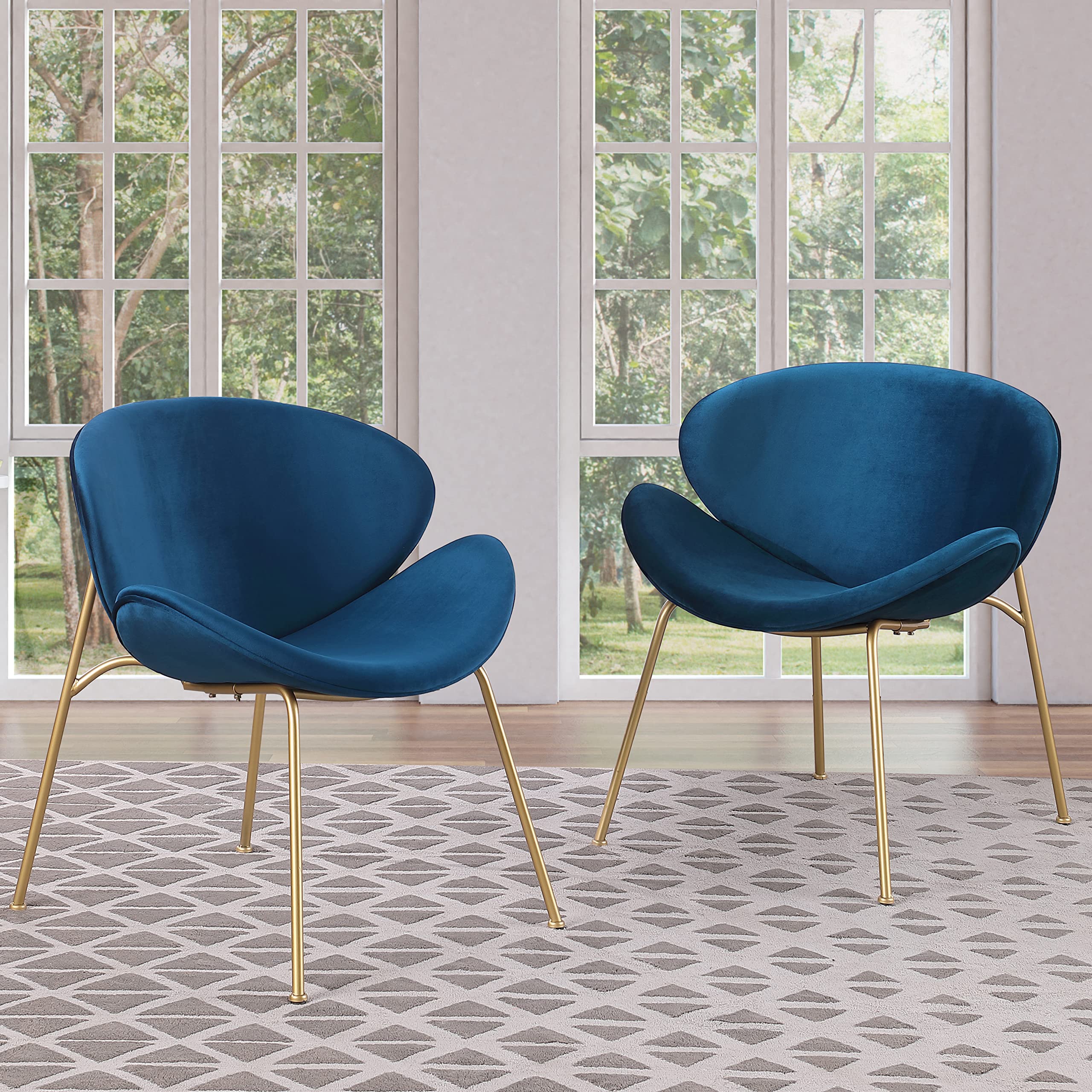 Yoluckea Velvet Vanity Chair Set of 2 - Modern Upholstered Accent Chairs with Gold Metal Legs for Living Room, Bedroom & Makeup Desk | Elegant Arced Seat & Back Design | Perfect for Dining Room, Kitchen & Home Decor (Blue)