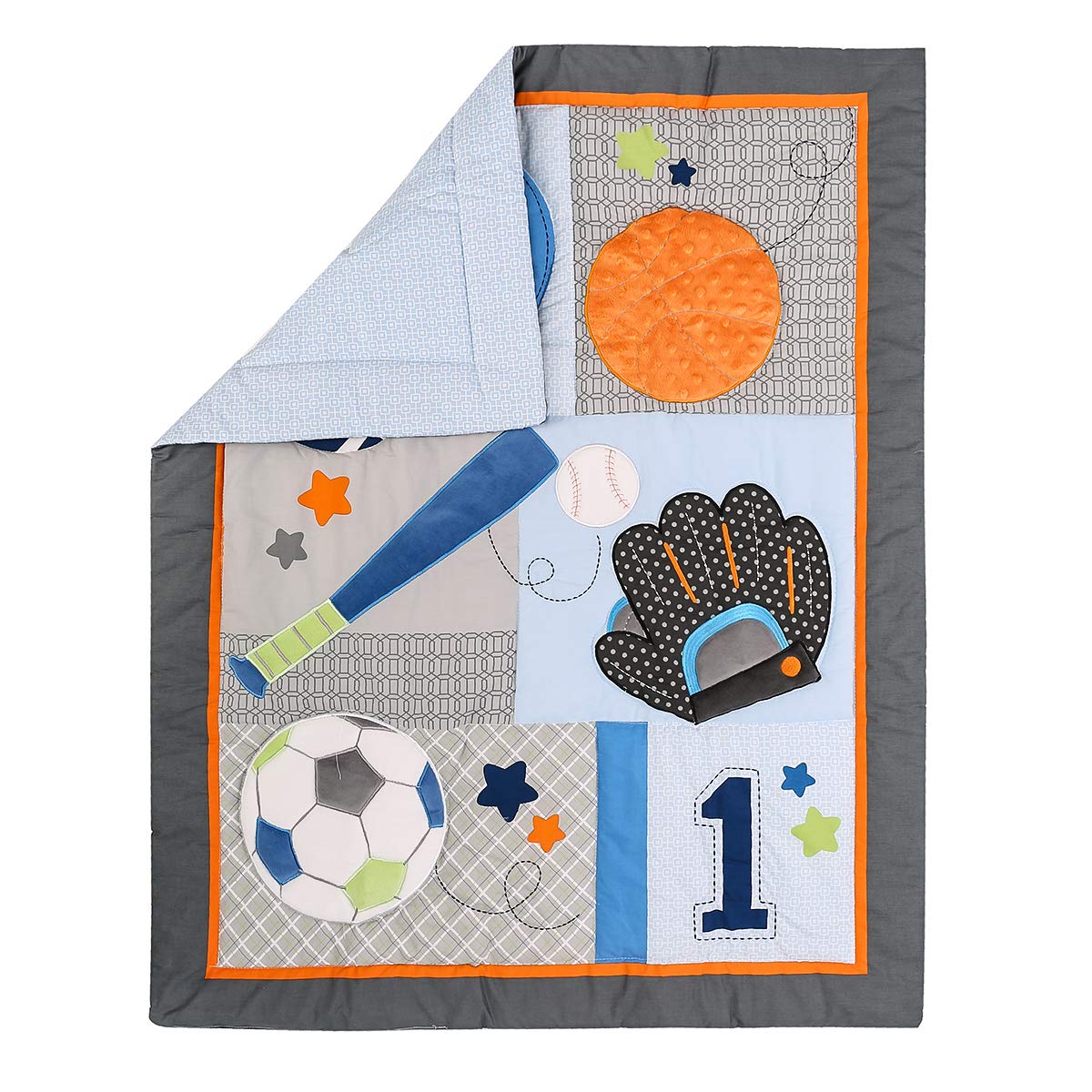 4-Piece Blue Sports Theme Baby Crib Bedding Set - Quilt, Fitted Sheet, Skirt & Valance for Boys with Baseball & Soccer Embroidery | Nursery Decor for Baseball & Soccer Lovers
