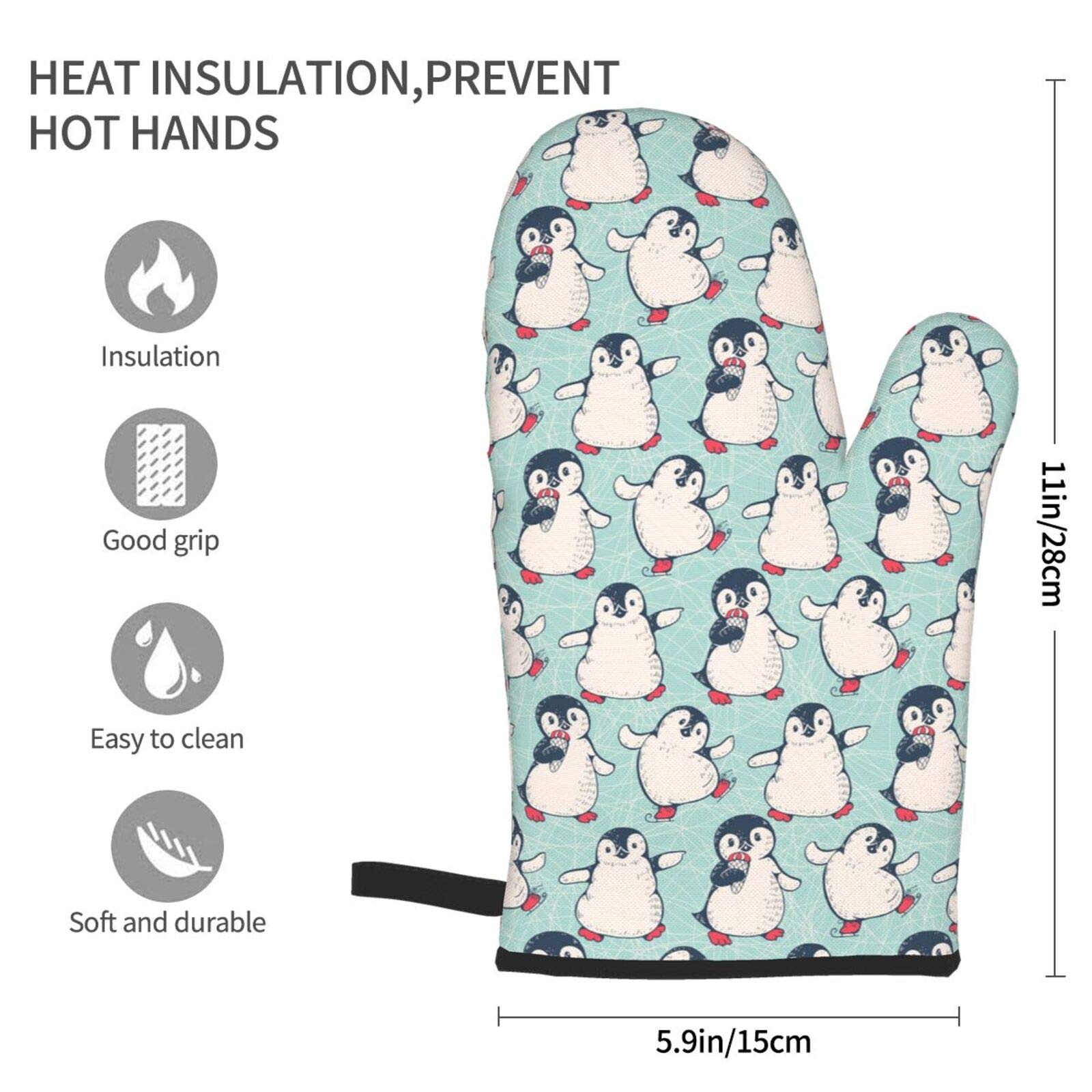 Heat Resistant Oven Mitts Set of 2 - Non-Slip Penguin Design Kitchen Gloves for Baking, Grilling & Cooking - Perfect for Holiday Baking & BBQ Parties