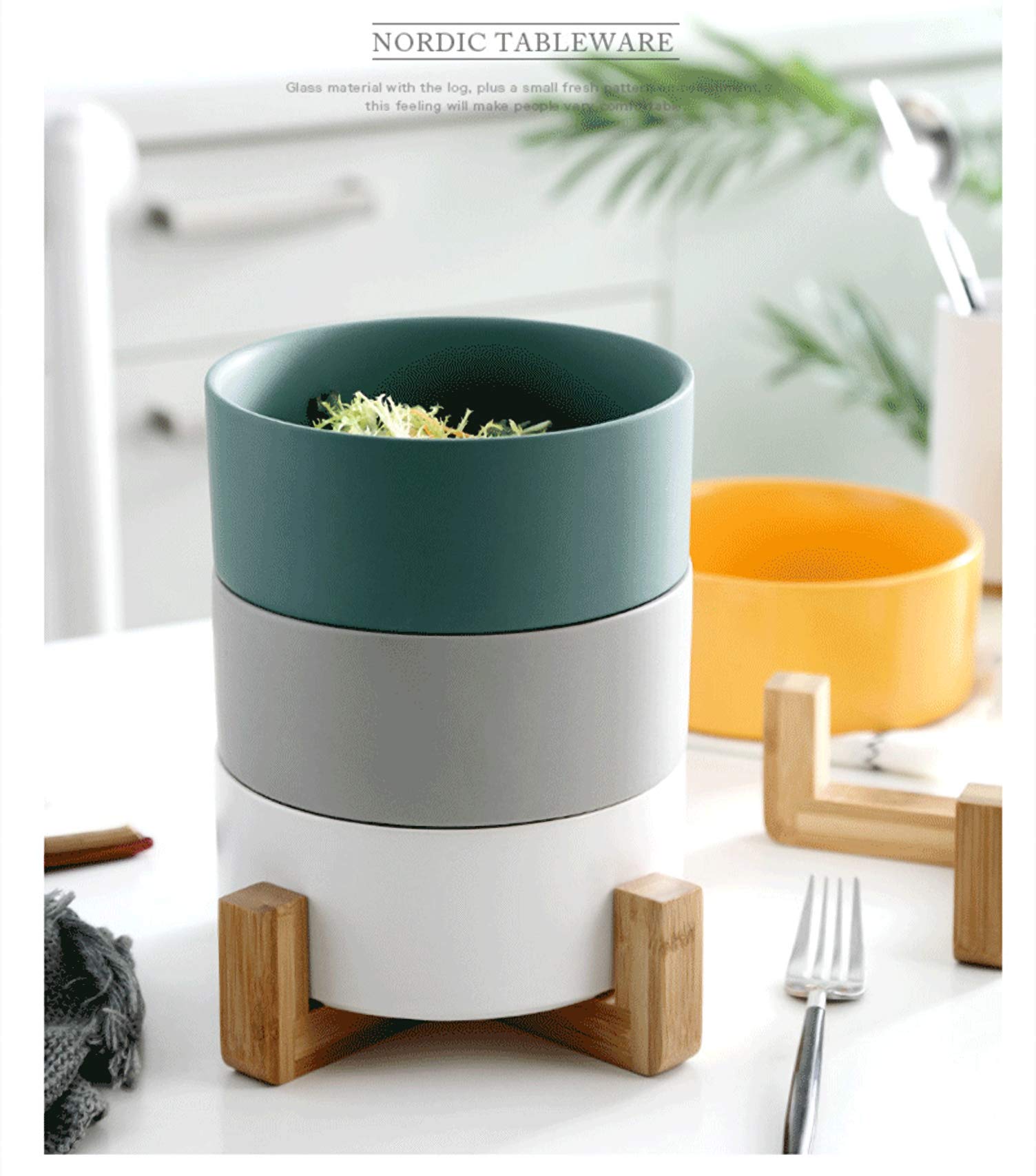 Elevated Ceramic Pet Bowl for Cats & Small Dogs - Non-Slip Wooden Stand Food & Water Dish - Anti-Tip Design for Comfortable Feeding (Matte Grey) - Perfect for Home, Kitchen & Travel Use