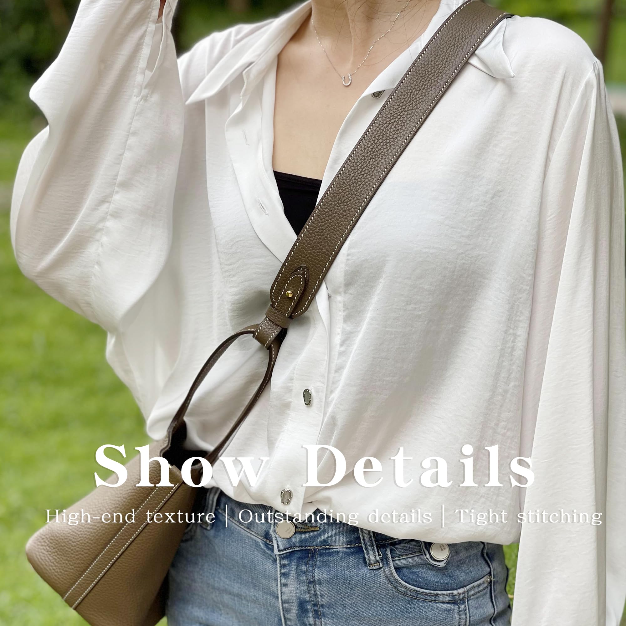 Handmade Genuine Cowhide Leather Strap for Hermes Picotin, Lindy, Evelyne Bags - Adjustable Crossbody Purse Strap (27.6 Inch Length, 1.1 Inch Width) - Etoupe Grey with Gold Studs - Perfect for Everyday Use, Travel & Fashion Accessories