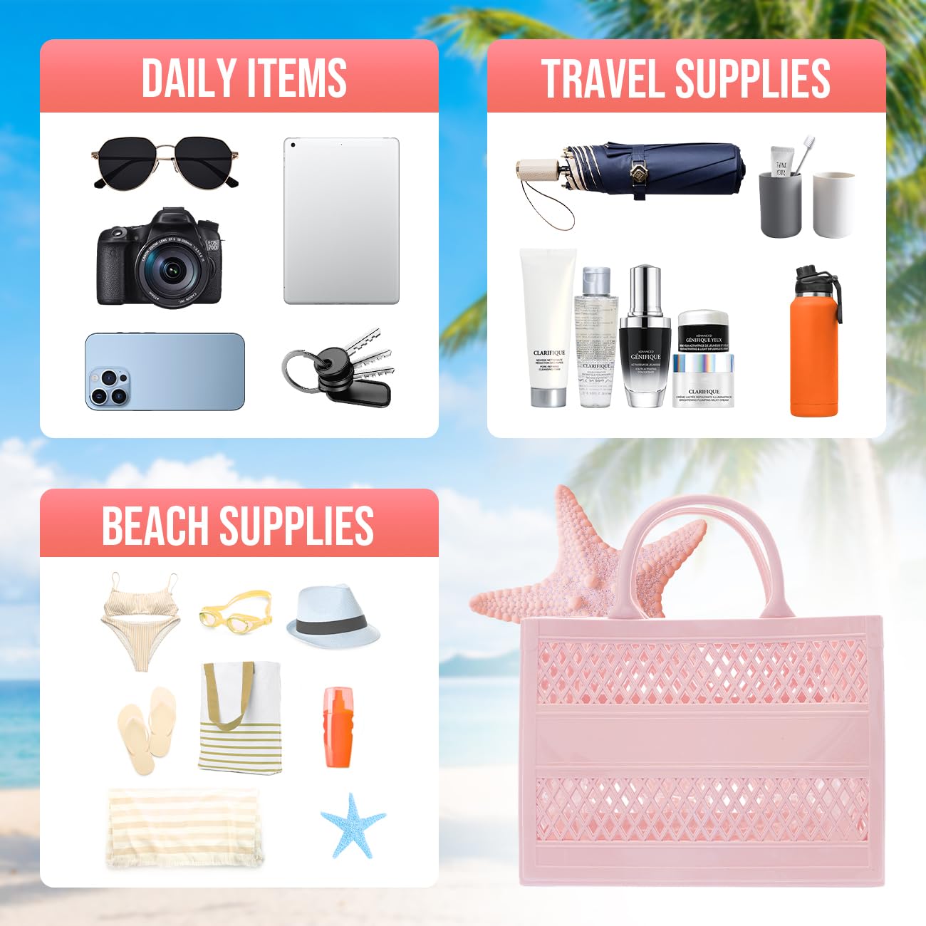 **Waterproof & Sandproof Beach Tote Bag - Large Washable Open Travel Tote for Women - Perfect for Pool, Vacation & Summer Outings**