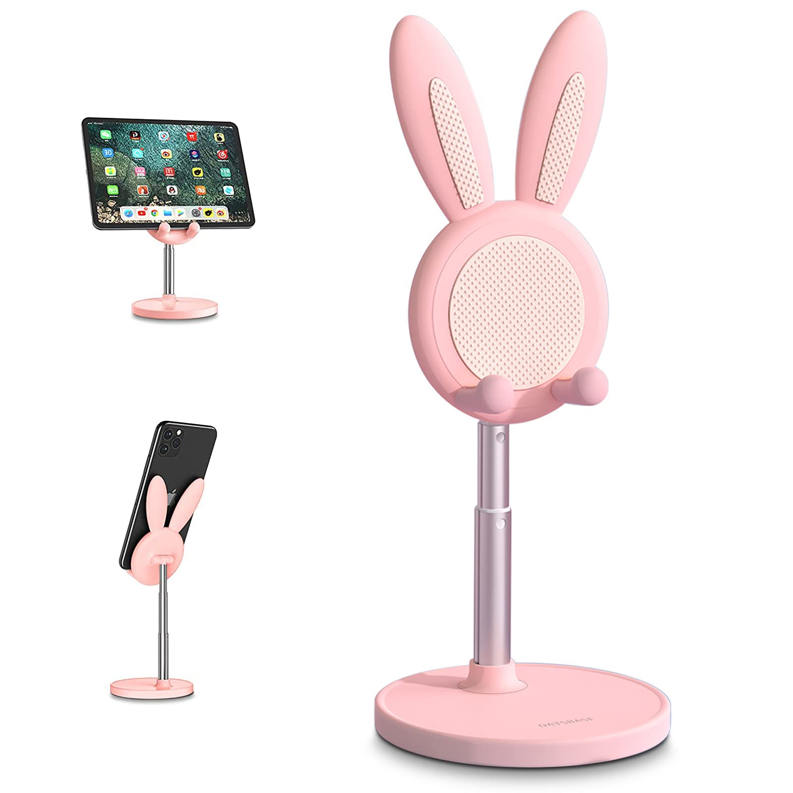 Adjustable Bunny Phone Stand for Desk - Cute Rabbit Phone Holder with Angle & Height Adjustment, Compatible with All Smartphones & Tablets (4-10 Inch) - Perfect for Home Office, Work Desk & Bedside Use (Pink)