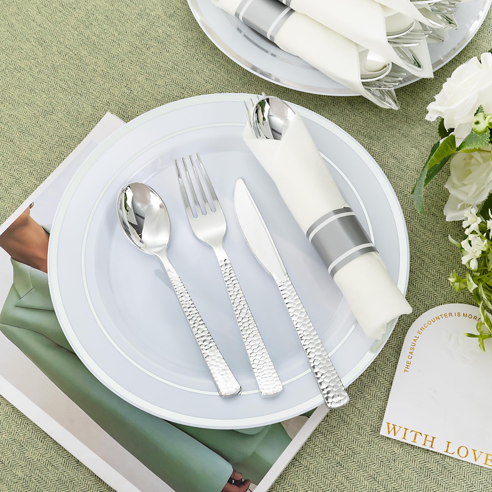 WELLIFE 50-Piece Silver Plastic Cutlery Set with Pre-Rolled Napkins - Includes 50 Forks, 50 Knives & 50 Spoons - Heavy Duty Disposable Utensils for Parties, Picnics, Catering & Events