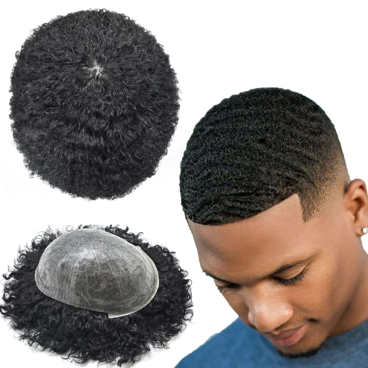 Afro Curl Men's Toupee - 8x10 Inch Full Poly Skin PU Injection Human Hair Replacement System for African American - Thin Skin Man Weave Hair Unit (1 Jet Black, 10mm Wave Curl) - Perfect for Daily Wear, Special Occasions & Hair Loss Solutions