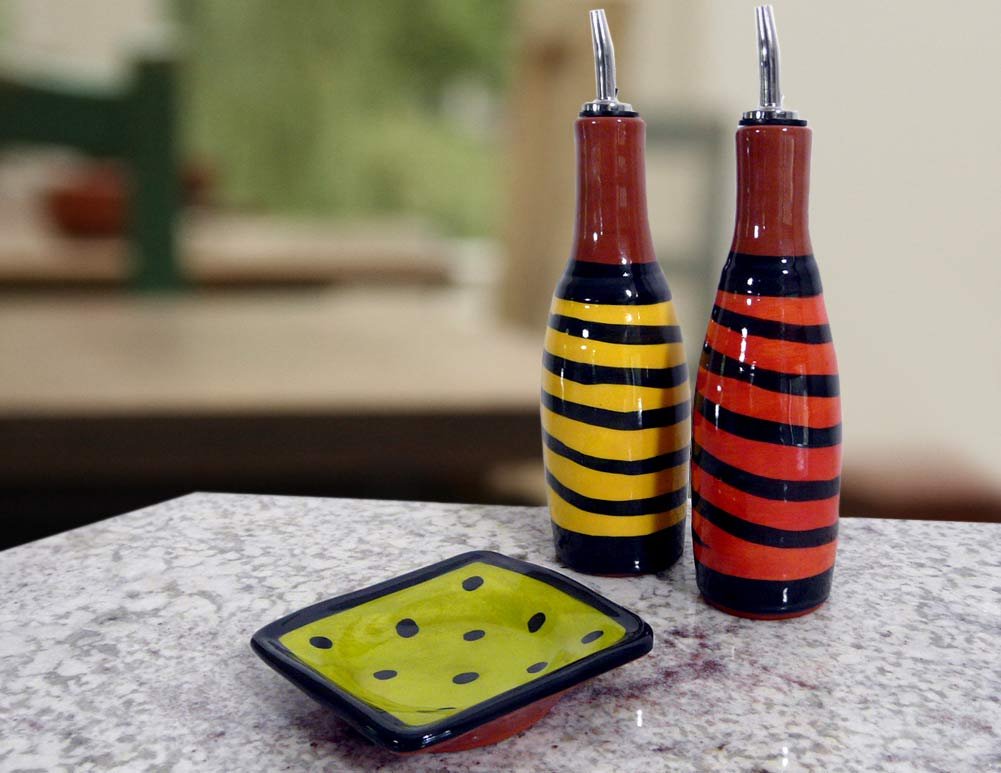 Handmade Terra Cotta Oil and Vinegar Set - 2 Ceramic Cruet Bottles with Dipping Dish, Multicolor Swirl Design | Perfect for Italian Restaurants, Gourmet Kitchens & Olive Oil Tasting Events