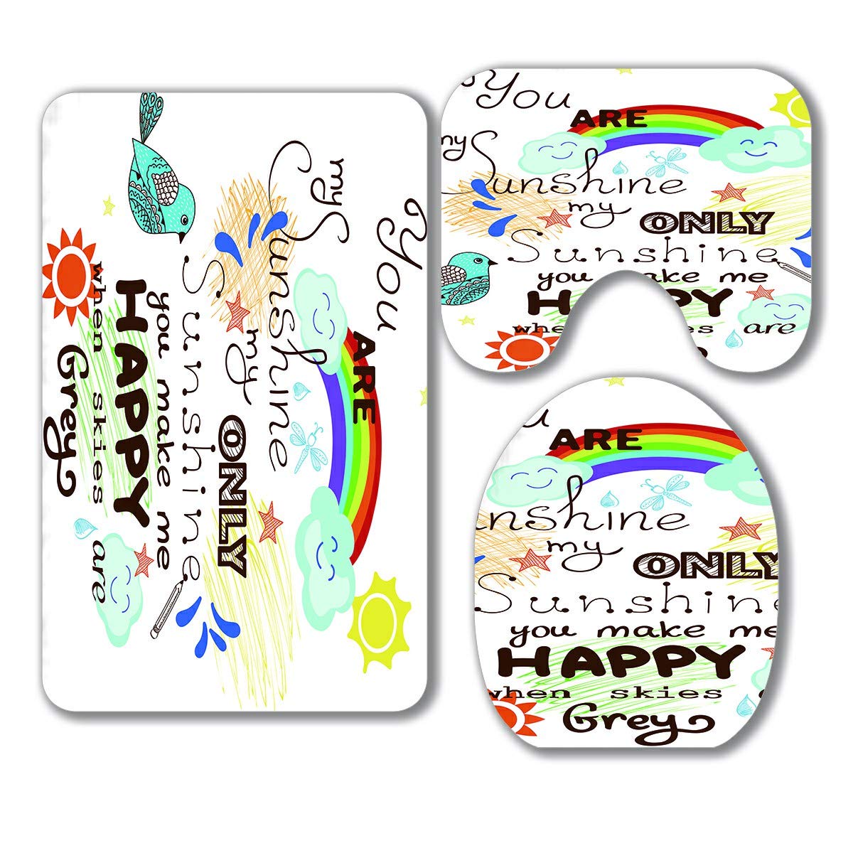 You Are My Sunshine Bird Cloud Sun 3-Piece Bathroom Rug Set - Non-Slip Bath Mat, Contour Mat & Toilet Lid Cover - Soft & Absorbent for Bathroom Decor, Kids Room & Guest Bath