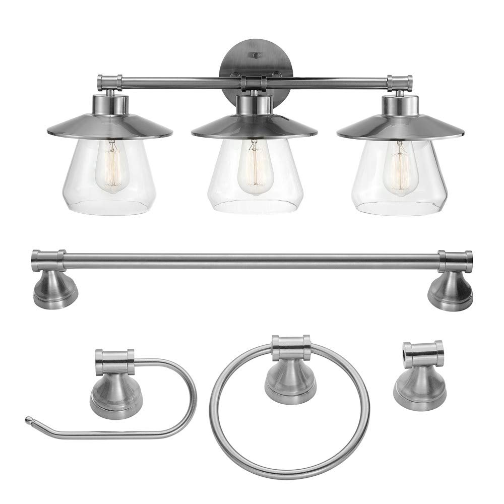 Globe Electric 51495 Nate 5-Piece Modern Bathroom Set in Brushed Steel - Vanity Lights, Towel Ring, Robe Hook & Toilet Paper Holder (Bulbs Not Included) - Perfect for Bathroom Renovation & Home Decor
