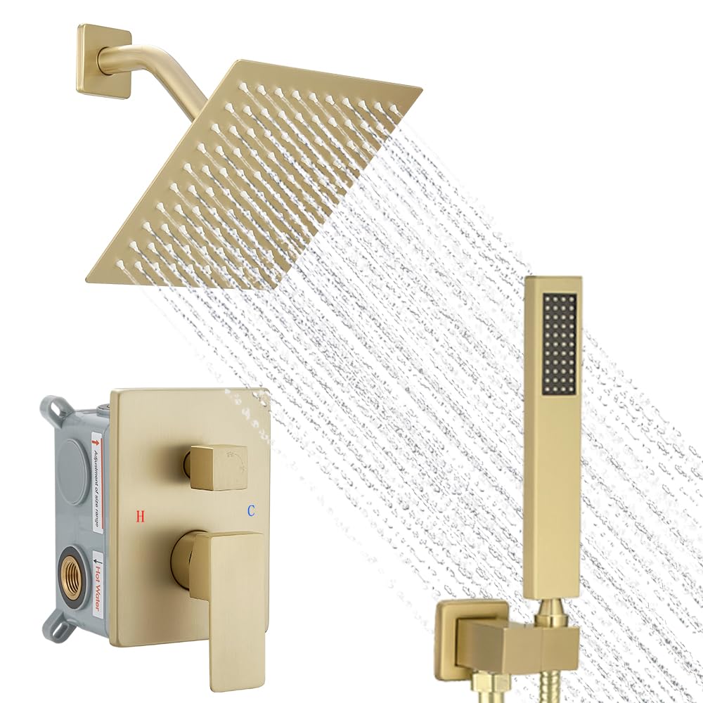 Brushed Gold Shower System - 8 Inch High Pressure Rainfall Showerhead with Handheld Sprayer | Wall Mount Bathroom Faucet Set with Rough-in Valve & Trim Kit | Perfect for Modern Master Bathrooms & Spa-Like Showers
