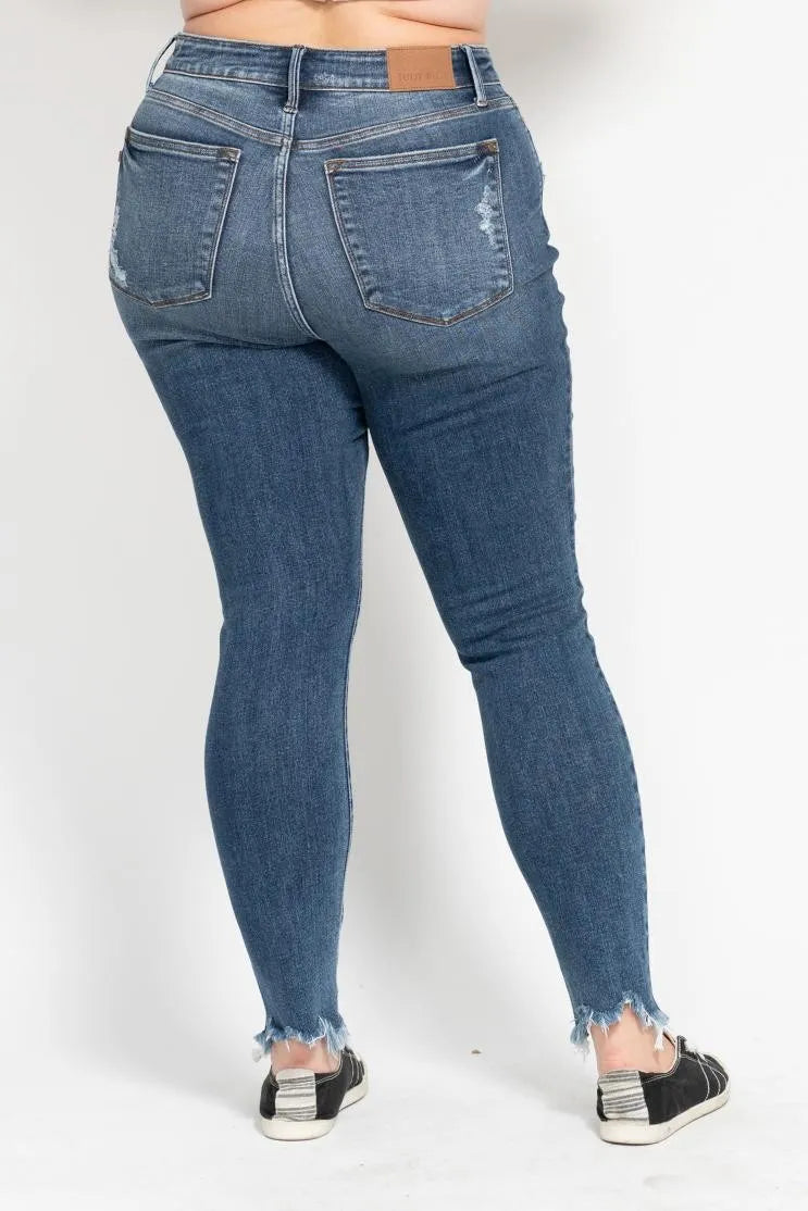 Judy Blue Plus Size High Waist Skinny Jeans with Distressed & Shark Bite Hem - Trendy Women's Denim Pants for Casual Wear & Night Out