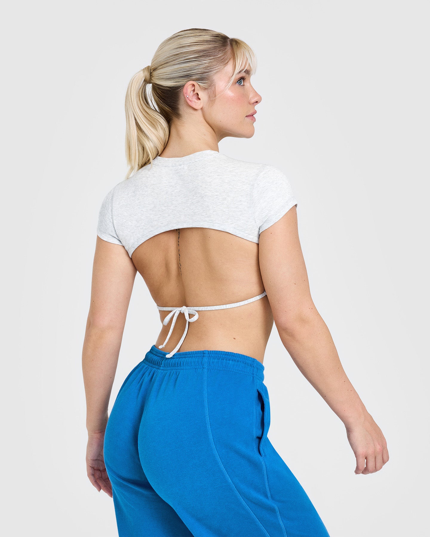 Vintage Graphic Open Back Crop T-Shirt for Women | Light Grey Marl | Casual Summer Outfit, Music Festival, Beach Party