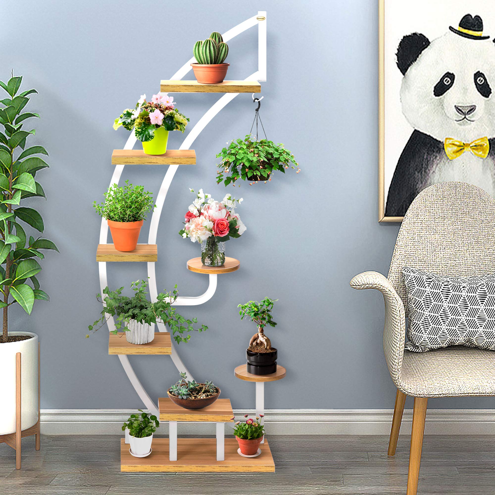 VIVOHOME 6 Tier 9 Potted Steel-Wood Plant Stand with Hanger - Curved Flower Pot Holder Shelf for Indoor Plants - Perfect for Living Room, Balcony, and Home Decor