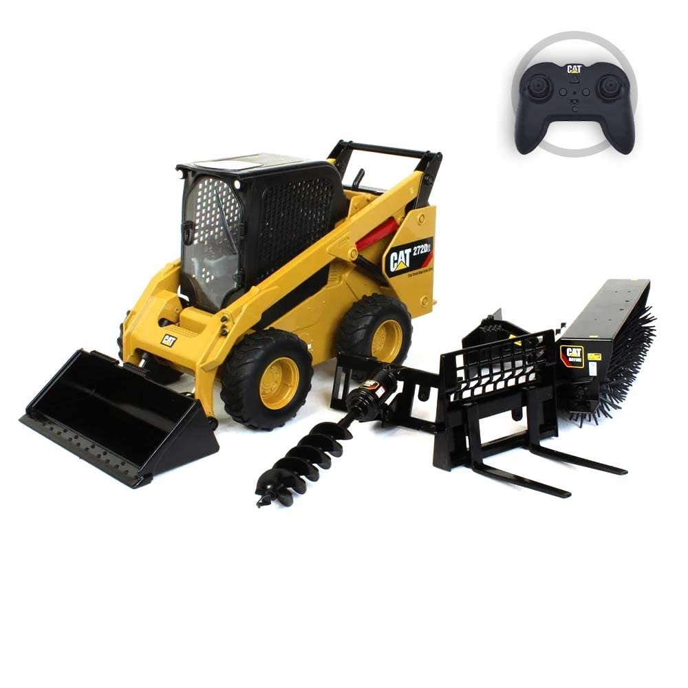 Diecast Masters 1:16 Scale Radio Control Cat 272D3 Skid Steer Loader with 4 Interchangeable Attachments (Bucket, Auger, Forks, Broom) - Premium RC Construction Toy for Collectors & Kids | Ideal for Construction Play, Display, and Remote Control Fun